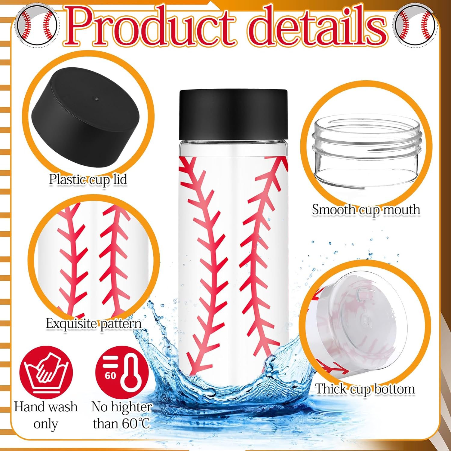 Skylety 24 Pcs Sports Plastic Bottles with Lids 13.5 oz Reusable Juice Bottles Bulk Plastic Drink Container Sensory Bottles Sports Themed Birthday Party Supplies (Baseball Modern)