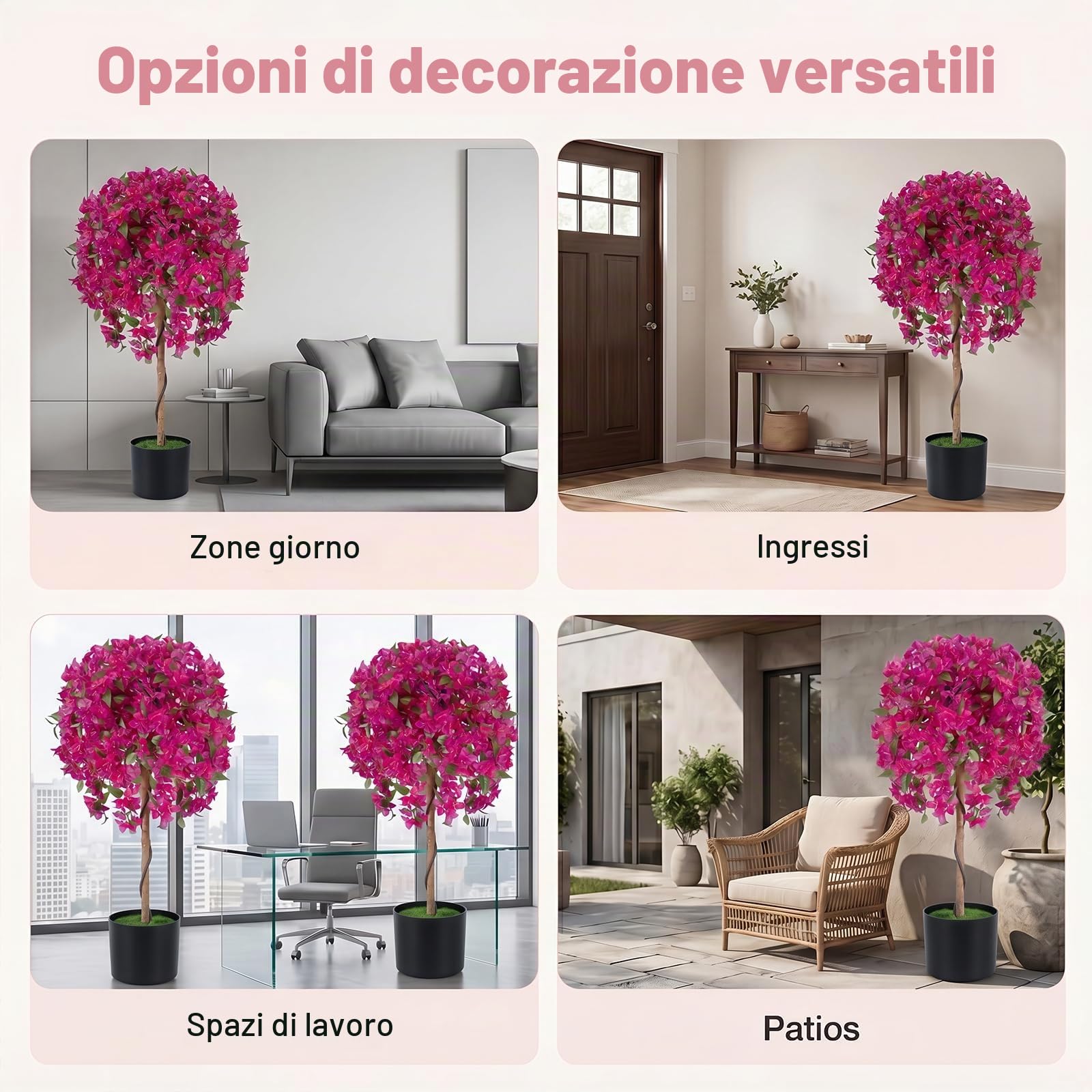 LIFEZEAL Set di 2 alberi artificiali bouganville 130 cm, pianta finta in vaso con fiori vivi, fogliame realistico, rami regolabili, base cemento stabile, decorazione per interni ed esterni, balcone