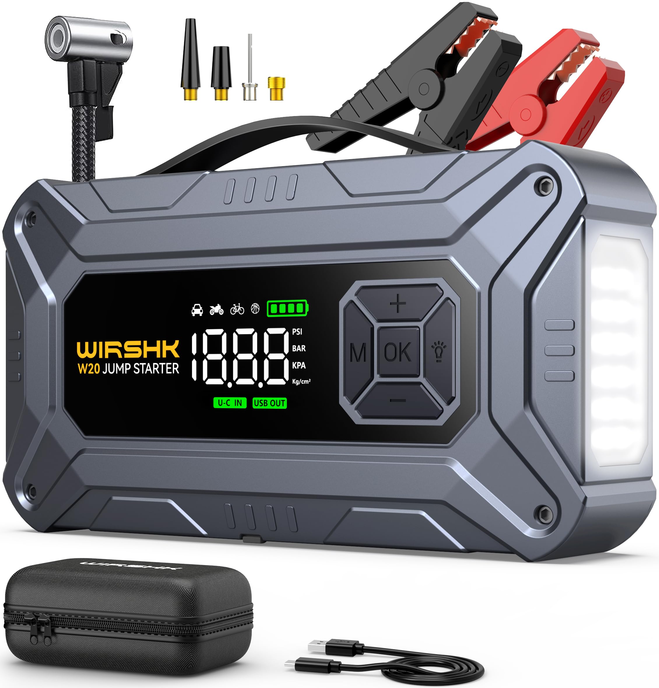 Booster Avviamento Auto con Compressore 8000A 160PSI,27000mAh, Booster Avviamento Auto/Moto per 10.0L Gas/8.0L Diesel, 12V Starter Batteria con Ricarica Rapida 18W,Torcia