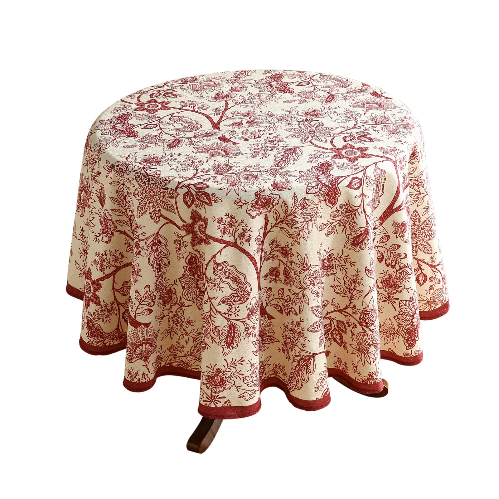 ISAENNE Designer French Linen Round Tablecloth,Red Floral Washable Indoor Table Cloth,Durable Home Decor Tablecloths for Dining Thanksgiving Kitchen