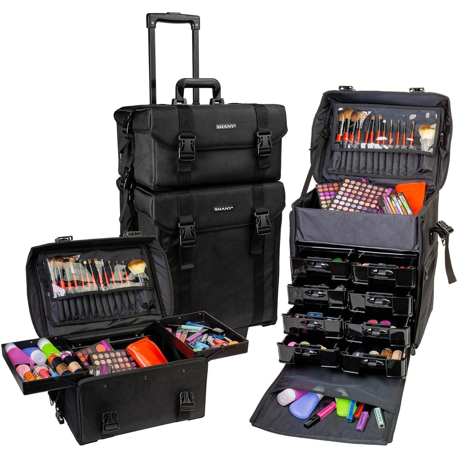 Soft Makeup Artist Rolling Trolley Cosmetic Case with Free Set of Mesh Bags - Jet Black