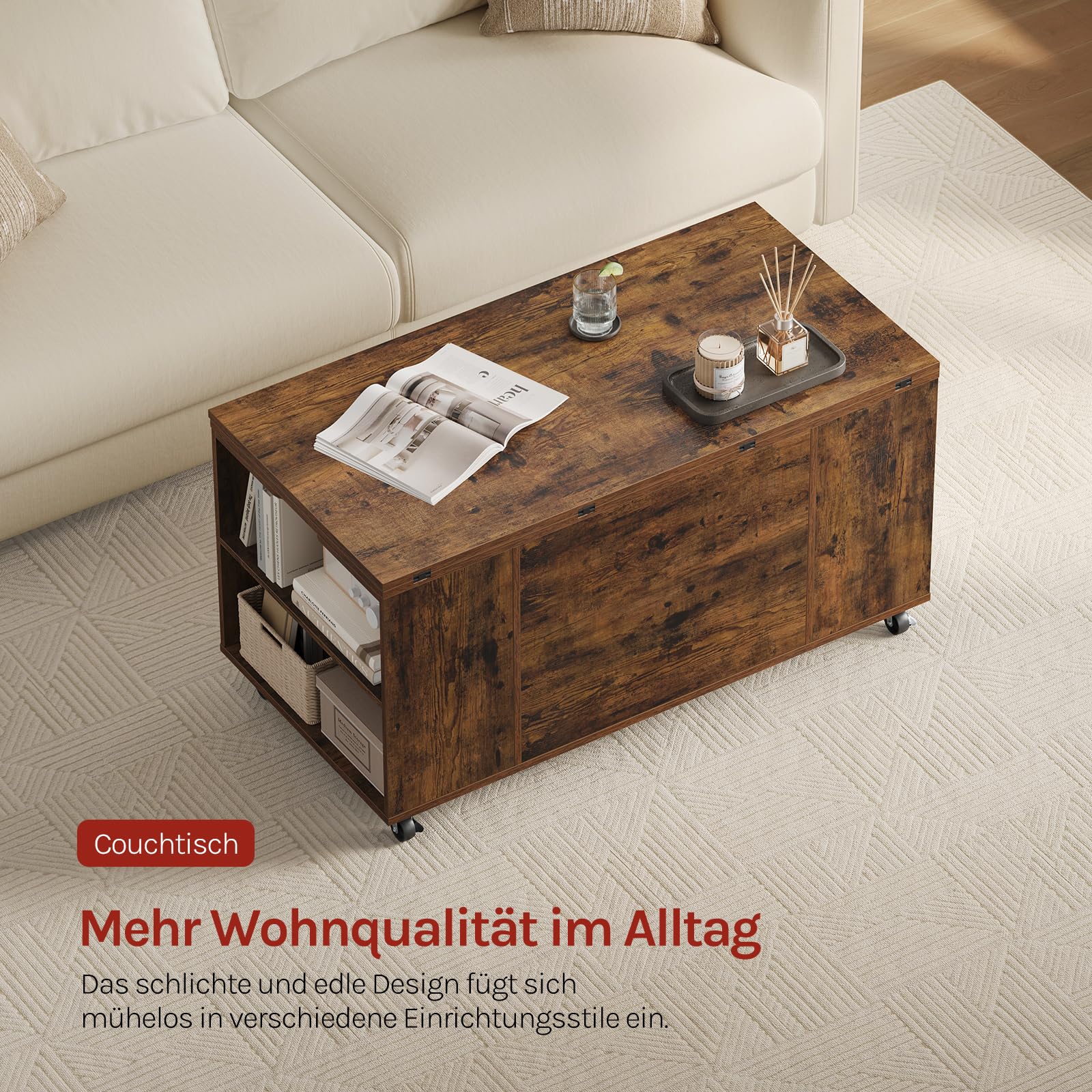 WOLTU Couchtisch höhenverstellbar, Wohnzimmertisch mit Rollen | Hebeplatte Schublade,verwandelt sich in einen Schreibtisch oder Esstisch,offener und versteckter Stauraum,Rustikales Braun