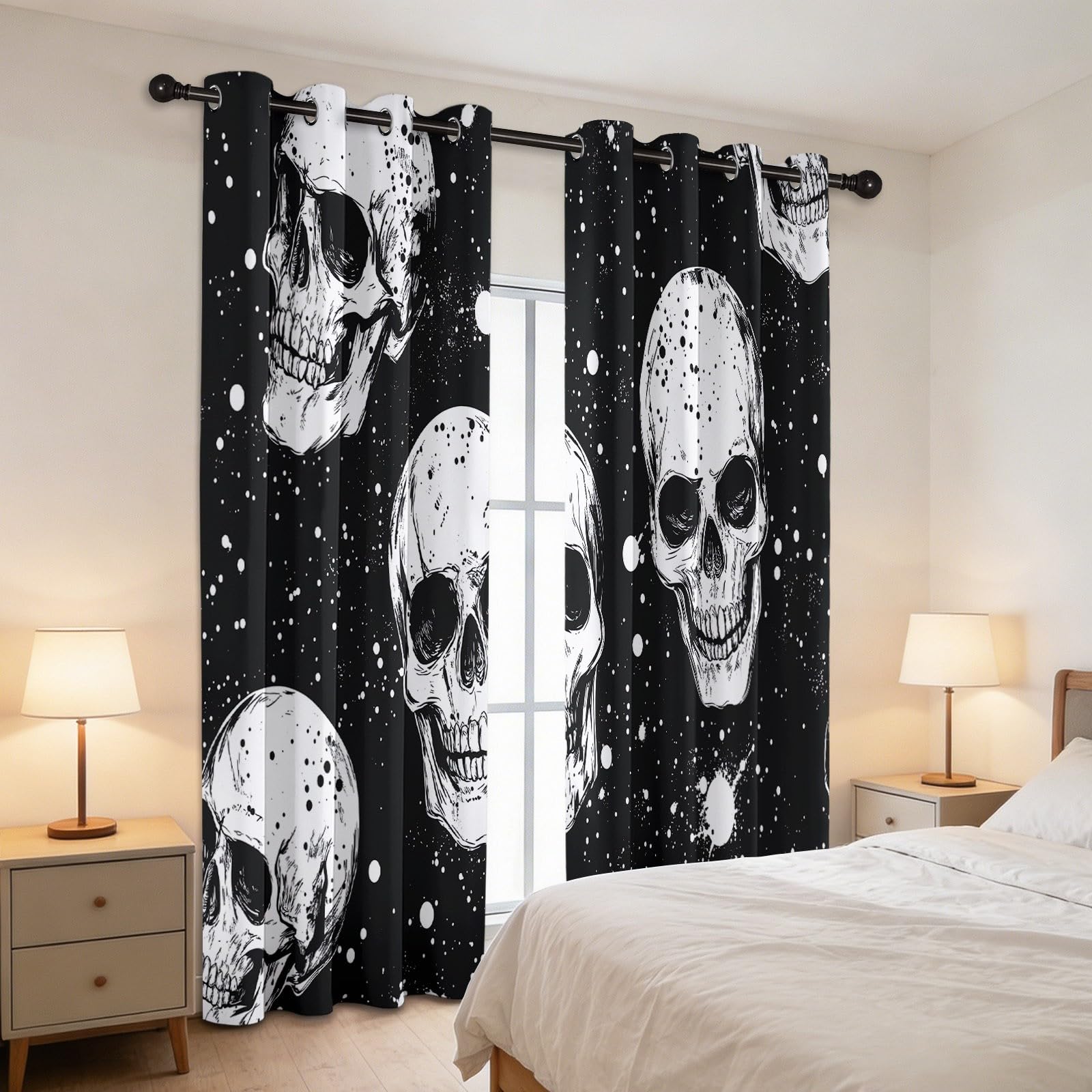 Komiksowe zasłony zaciemniające z nadrukiem 3D z motywem czaszki, gotyckie, 336 x 229 cm, izolacja termiczna, redukcja hałasu, zasłony okienne do sypialni dziecięcej, salonu, czarne