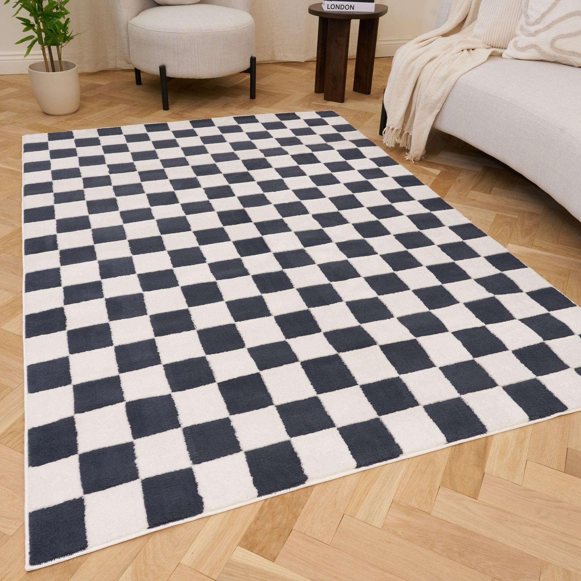 THE RUGS Living Room Rug, Loft Collection – Modern Textured 14mm Soft Pile Area Carpet, Non-Shedding & Easy Care [ Checkerboard Blue, 80x150 cm]