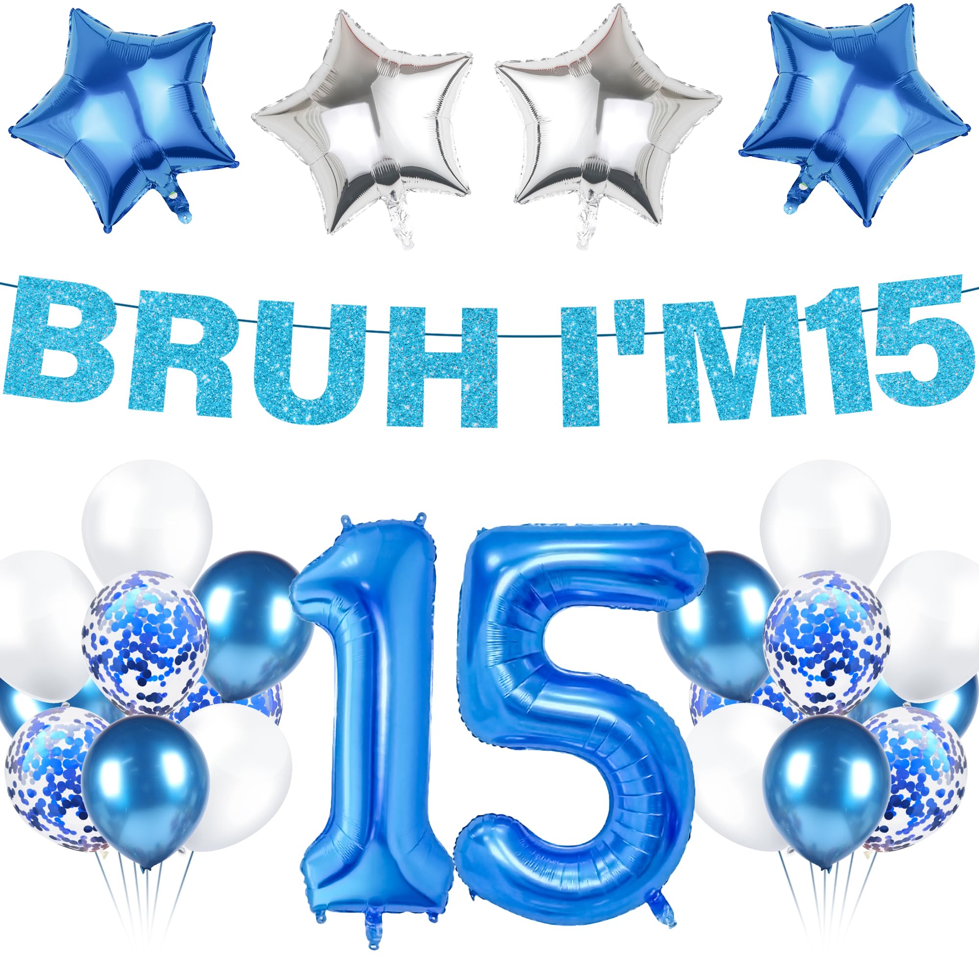 LPPIIUSSU 15th Birthday Decorations Balloon Boys - 19 Pcs Blue Bruh I'M 15 Glitter Banner Number 15 Foil Latex Balloons Party Decoration for Girls 15 Years Old Birthday Celebration Decor Supplies