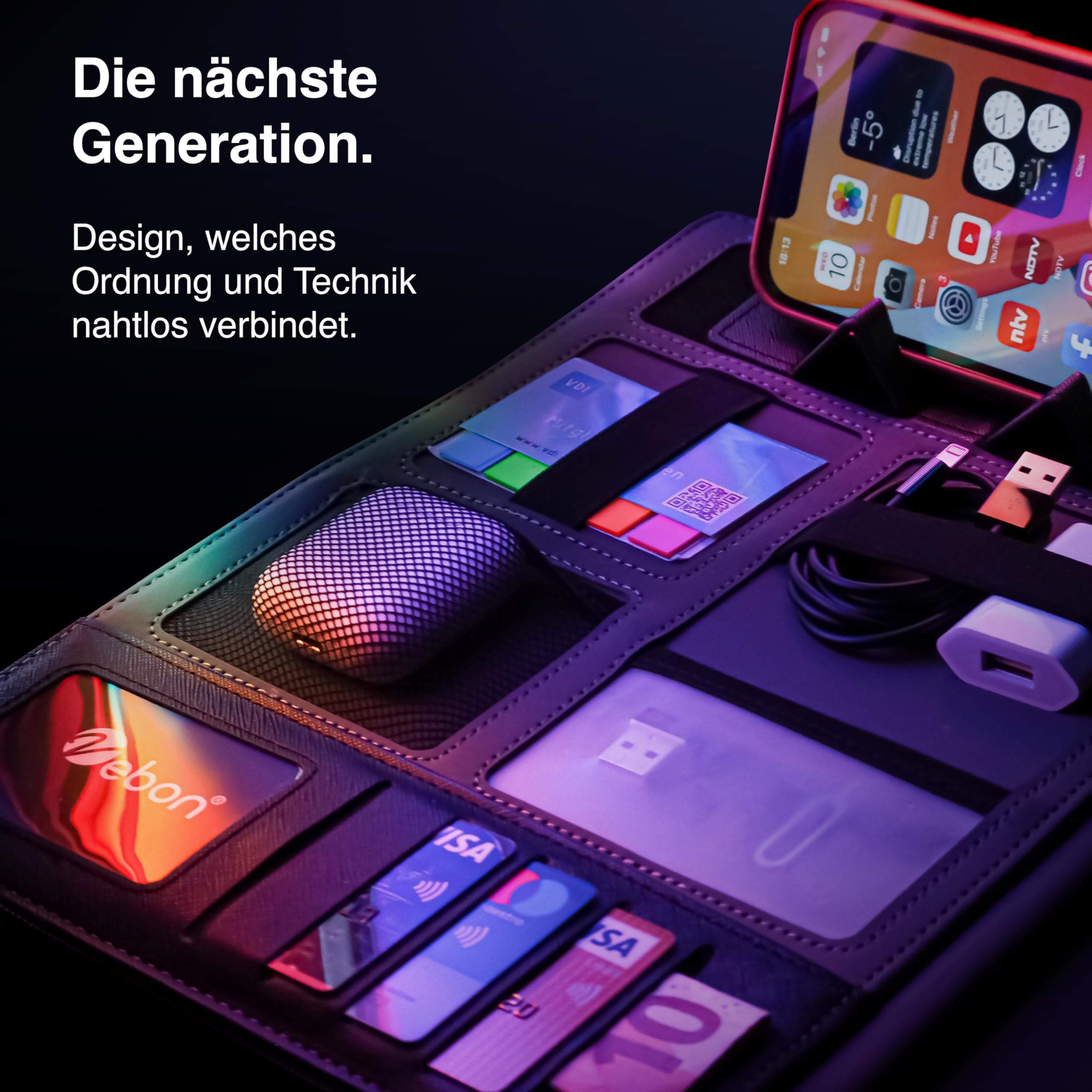 Vebon® Carpeta de conferencias A4 'London' de piel vegana con cremallera y funda para ordenador portátil, soporte para smartphone y portapapeles, kirschrot