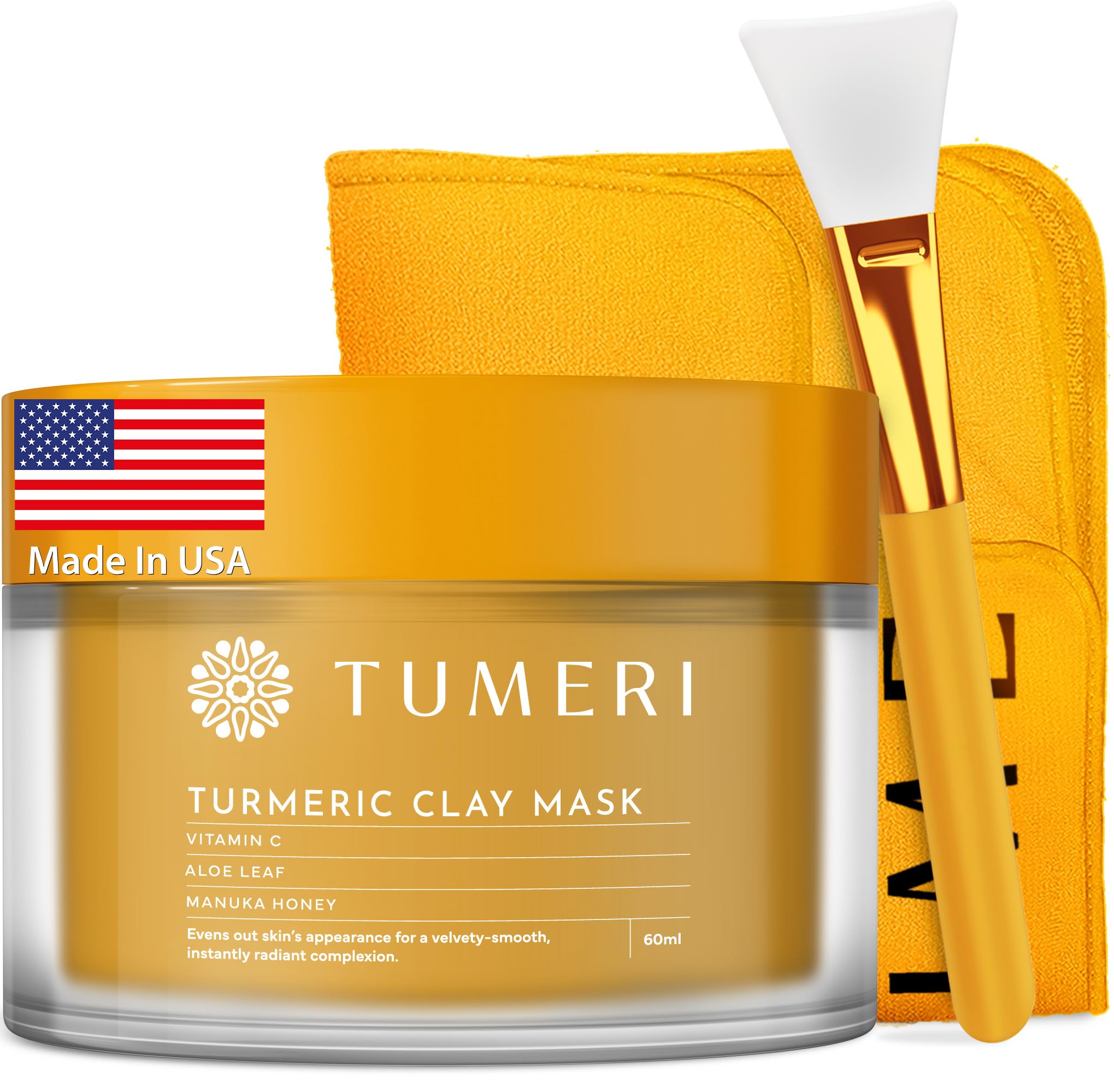 Turmeric Clay Mask for Facial Skin Care – Turmeric with Vitamin C Clay Mask with Manuka Honey 2 oz – Facial Mask for Dark Spots, Scarring and Cleansing with Face Mask Brush Applicator & Towel