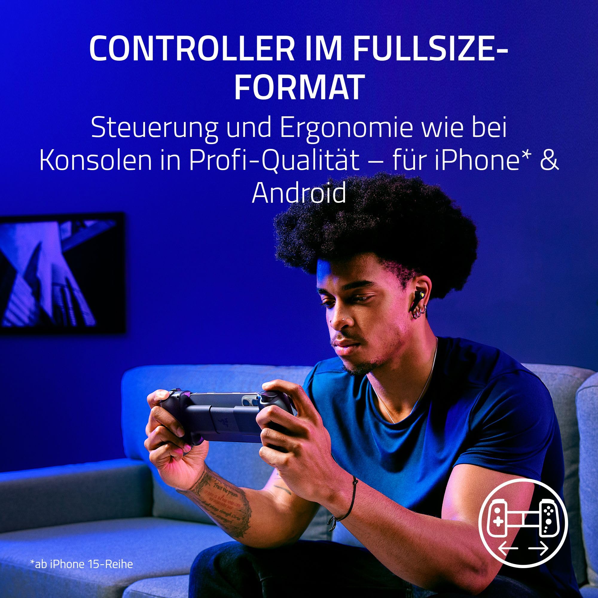 Razer Kishi V3 Fullsize Mobil-Controller für iPhone Android USB-C Plug-and-Play Anti-Drift Analogsticks 12 Tasten Sensa HD Haptics Schwarz