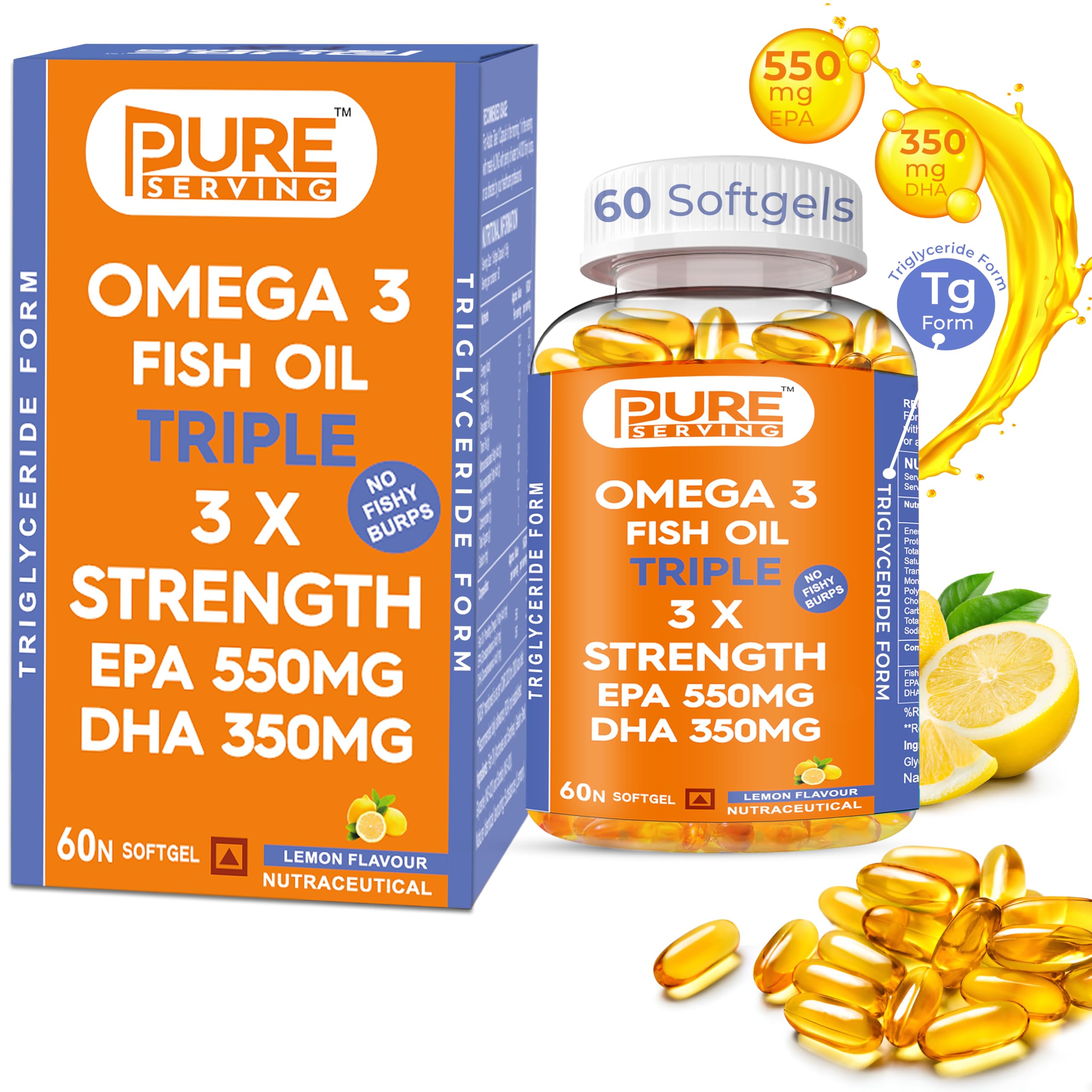PURE SERVING PREMIUM Triple 3X Strength EPA 550mg & DHA 350mg Triglyceride Form Fish Oil Omega 3 Capsule- Lemon Flavor, Burpless Gym Supplement Omega 3 Fish Oil Capsules - 60 Soft Gels (B0DBLCKVSW) Amazon Price History, Amazon Price Tracker