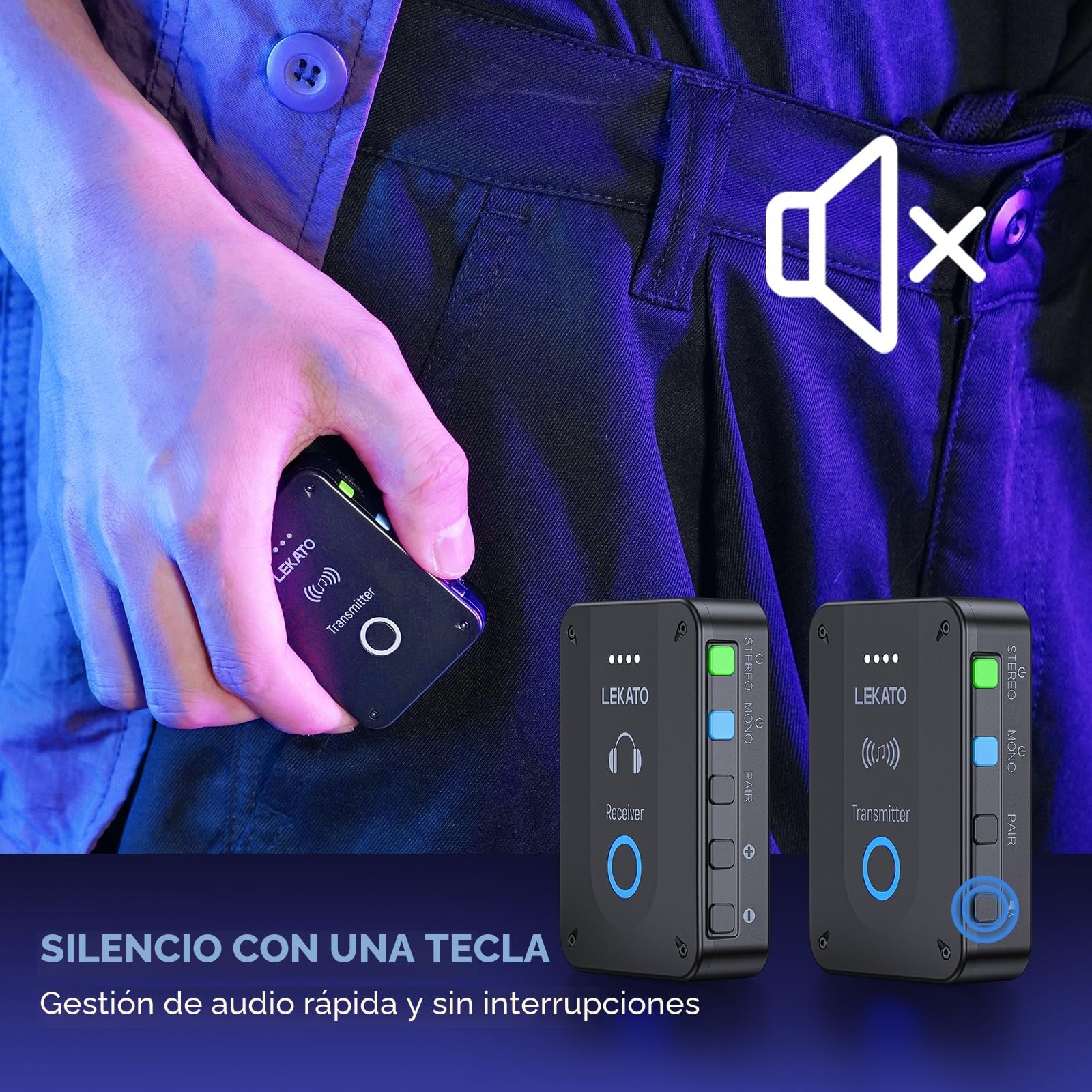 LEKATO MS-02 Monitores In-Ear Inalámbricos — 2,4G Sistemas In-Ear para Monitorización para Auriculares In-Ear, para Escenarios y Megafonía — IEM Consta de 1 Transmisor y 1 Receptor