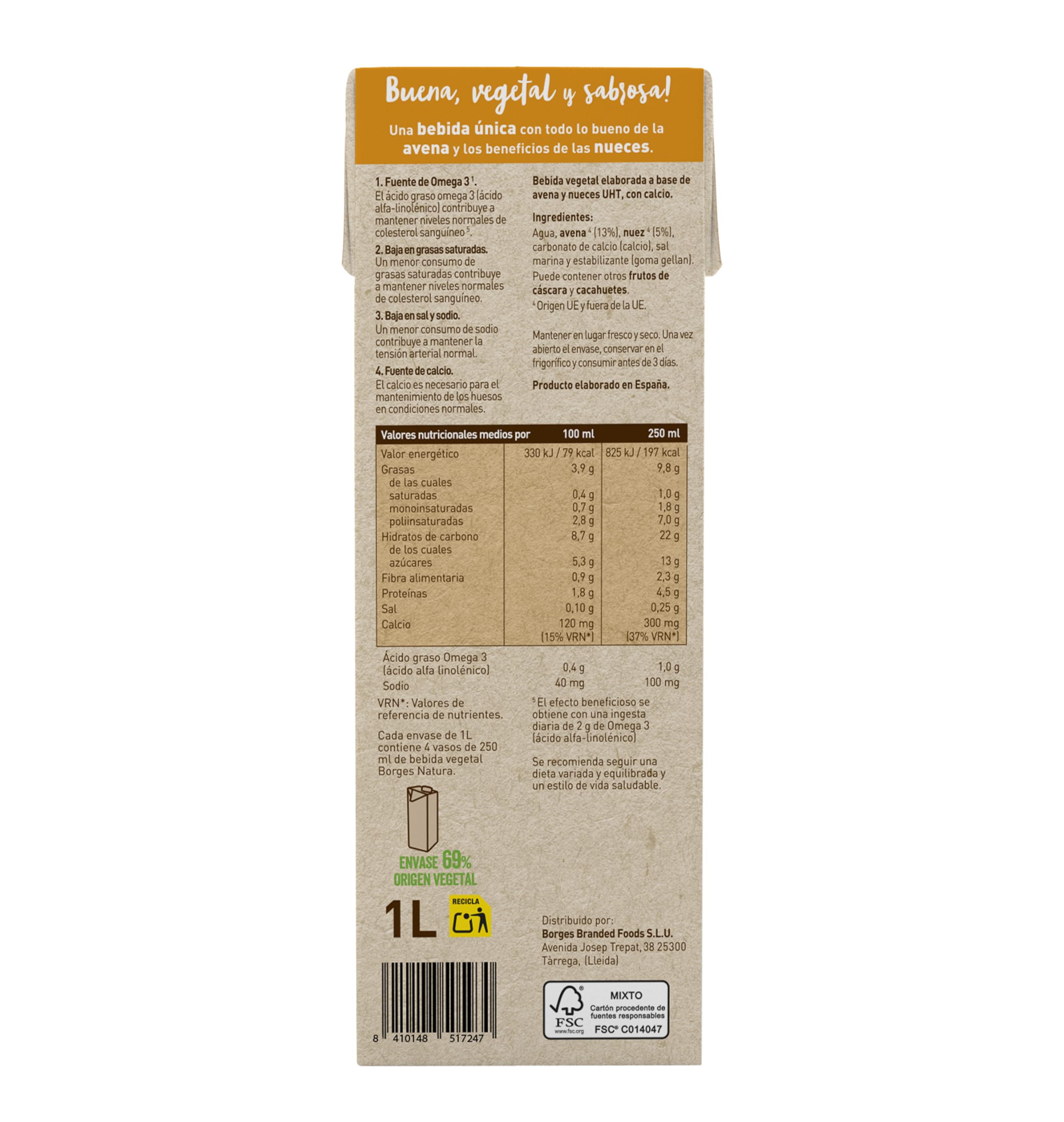 Nuez - Bebida Vegetal de Nuez - Fuente de Omega 3, Ayuda a Reducir el Colesterol - Sin Gluten, Vegana, Sin Azúcares Añadidos - Pack de 6X1 Litros