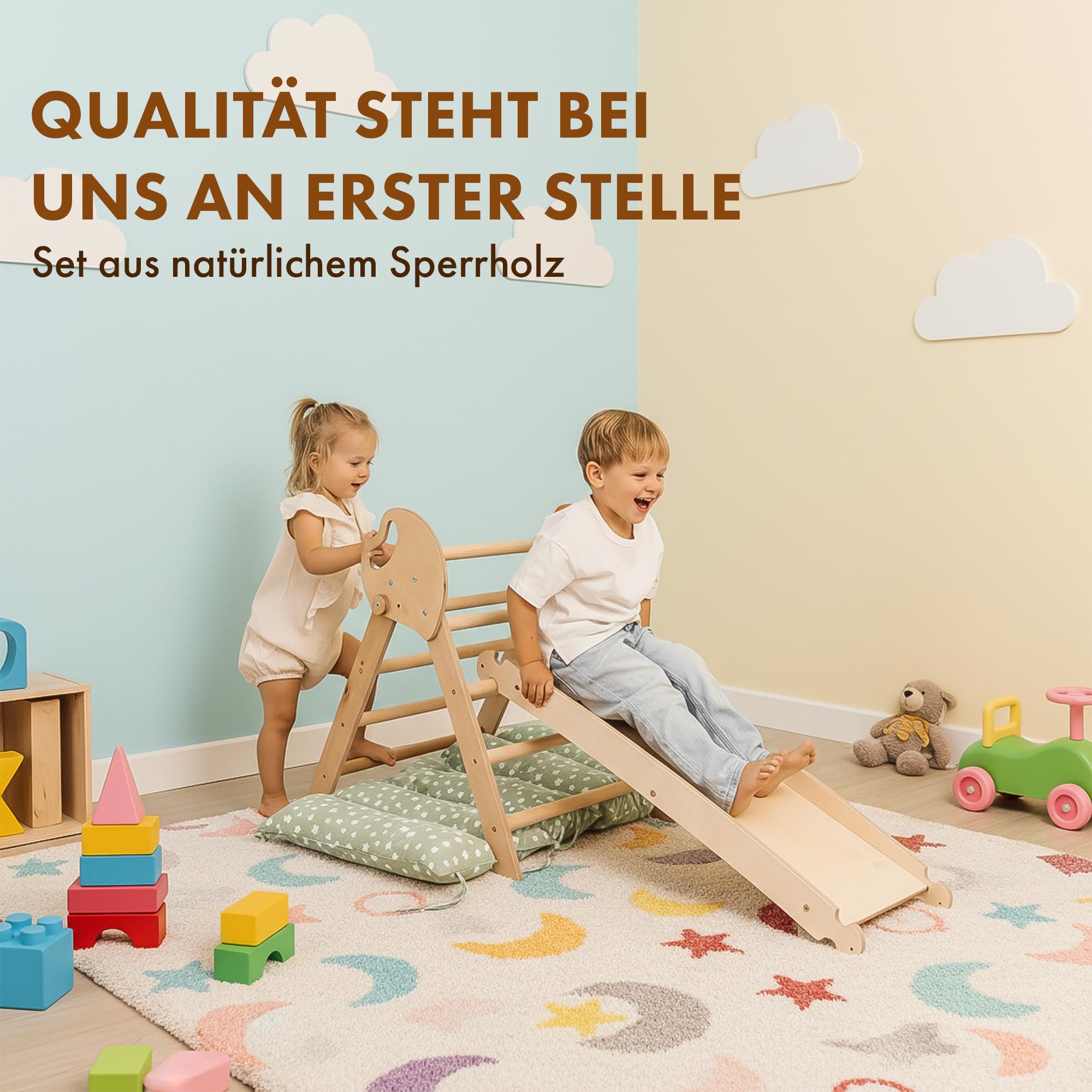 Goodevas 5-in-1 Montessori Klettergerüst Set: Indoor Kletterdreieck, Kletterbogen mit Kissen, und Rutsche für Kinder, Indoor Spielplatz 1-3 Jahre