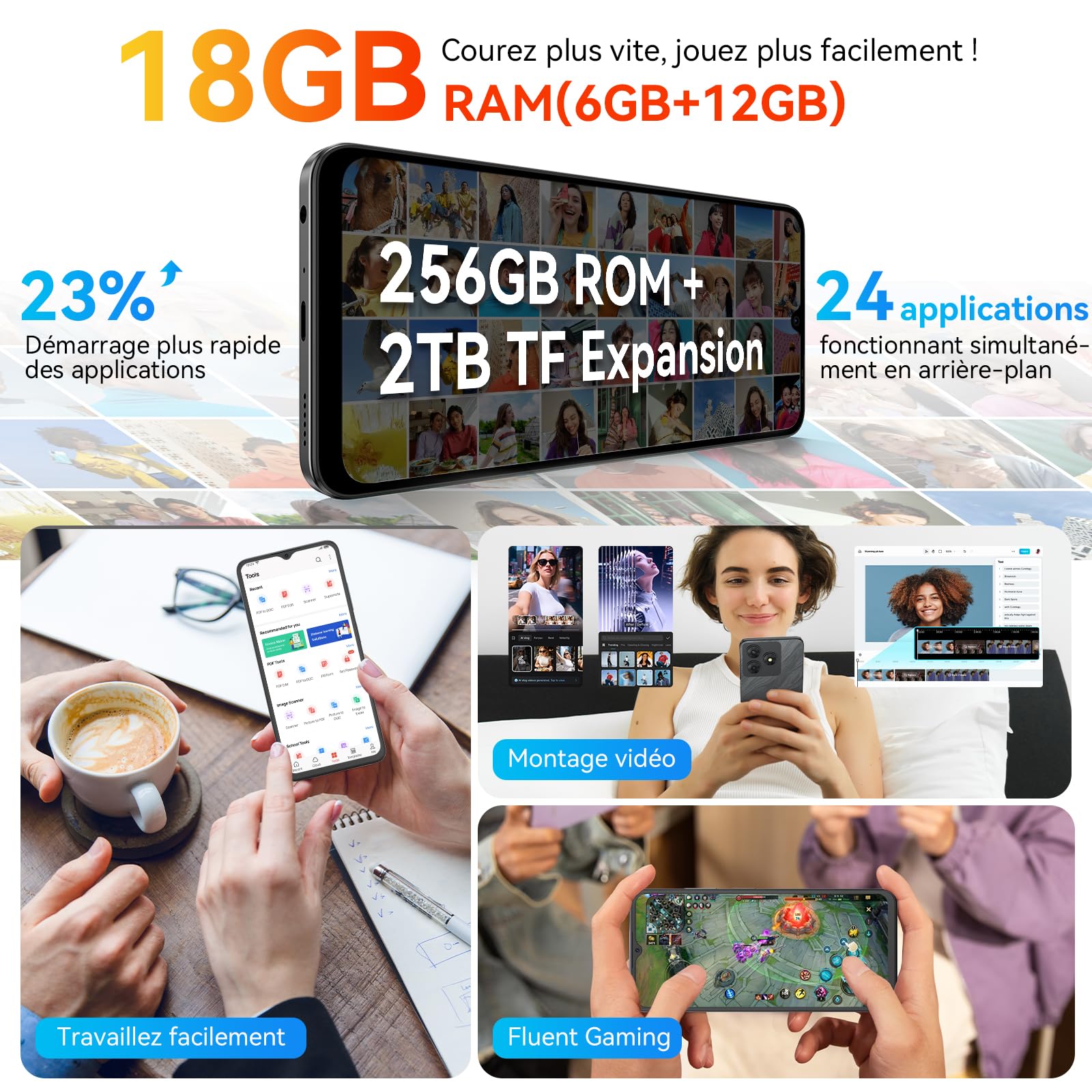 Téléphone Portable Pas Cher 18Go+256Go/TF 2To, Smartphone Android 4G Double SIM, Écran 6,56'' HD+ 90Hz, Batterie 5000mAh, Caméra AI 13MP+8MP, Face ID/OTG/GPS, Garantie 3 Ans - Bleu