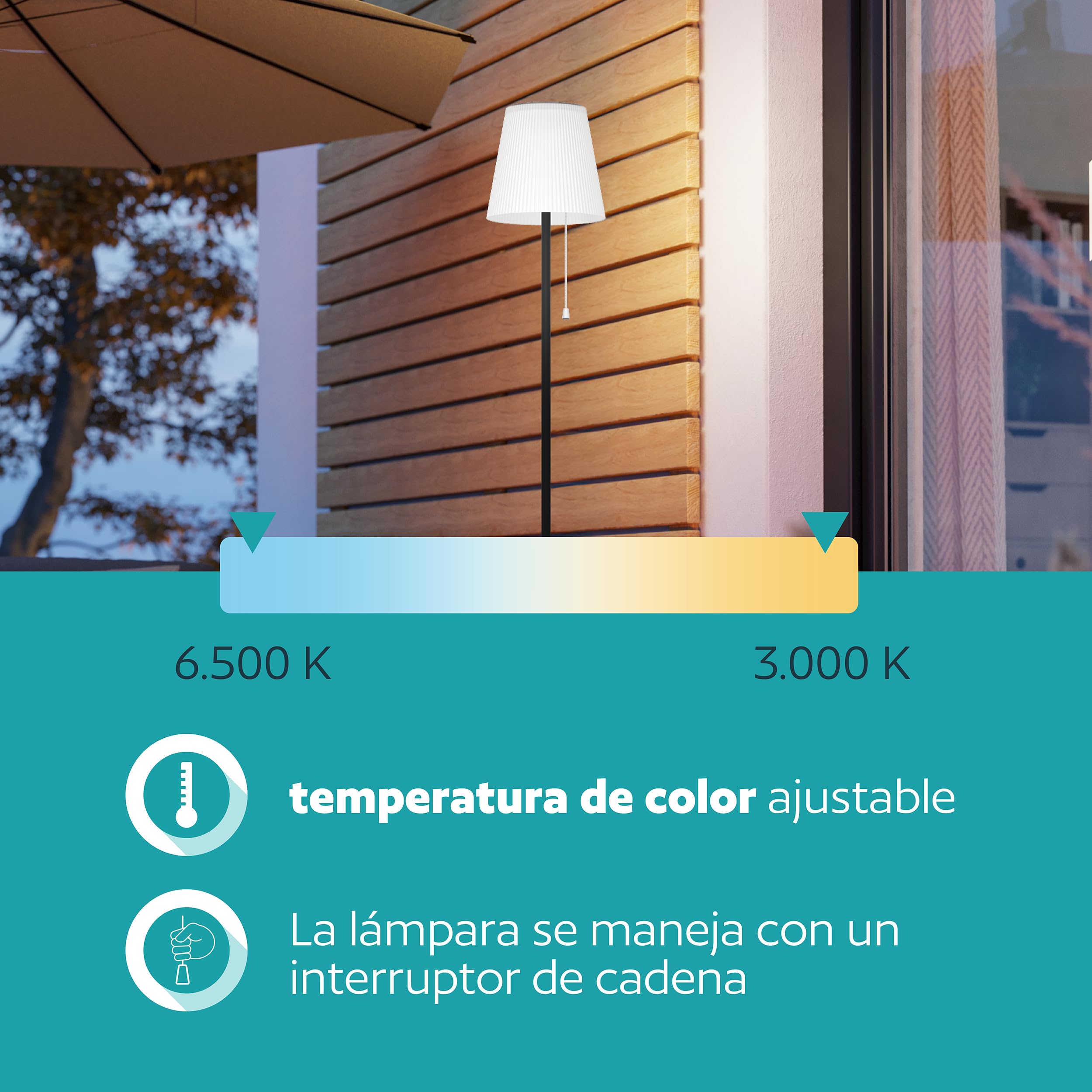 EGLO Scordiano Lámpara solar de pie, con batería, con interruptor de cadena | inalámbrica para interior y exterior, acero negro, plástico blanco, blanco cálido, blanco frío, IP44