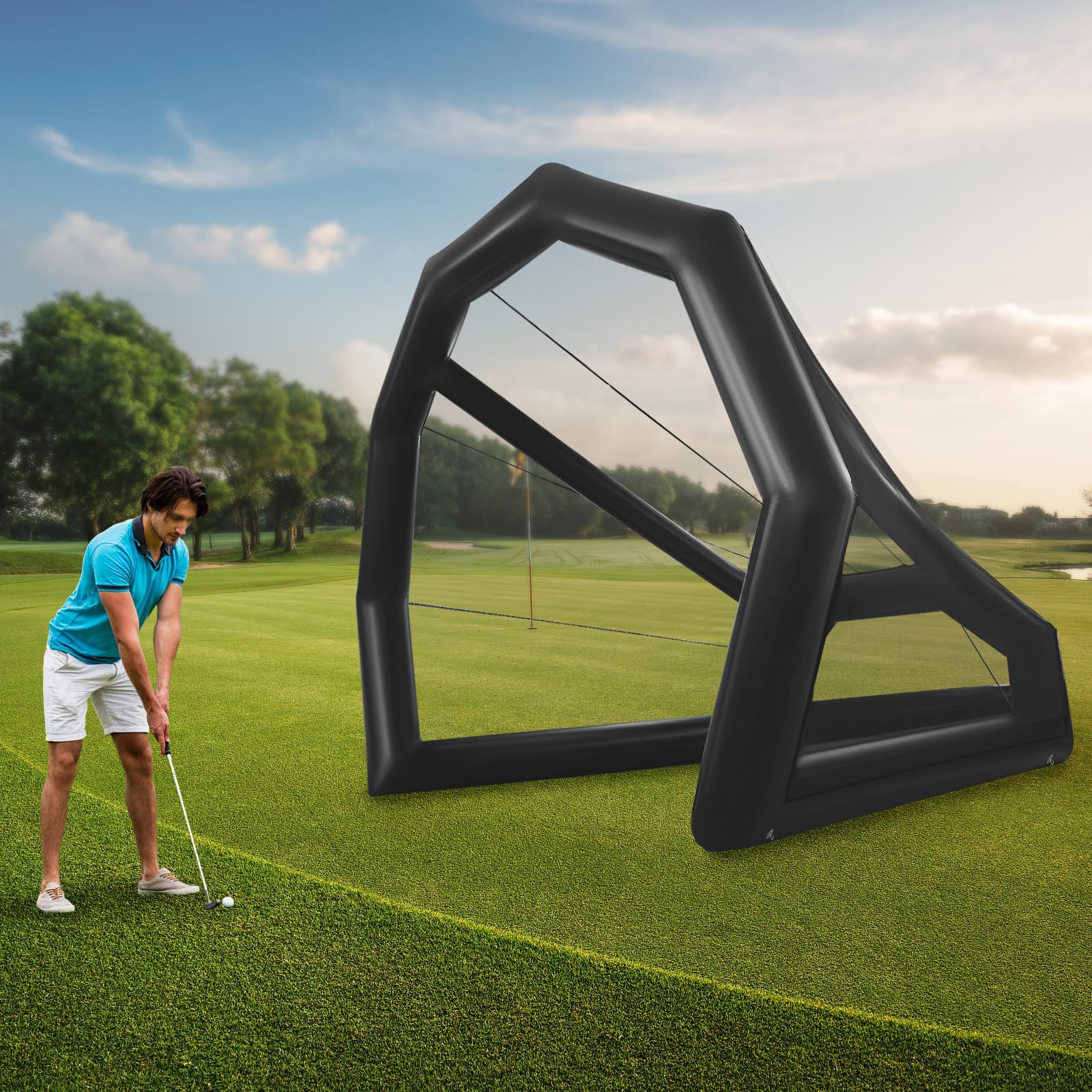 Golf Practice Swing Simulator Net Cage 11.48 * 9.84 * 9.84 ft Inflatable Golf Practice Net Cage with Blower