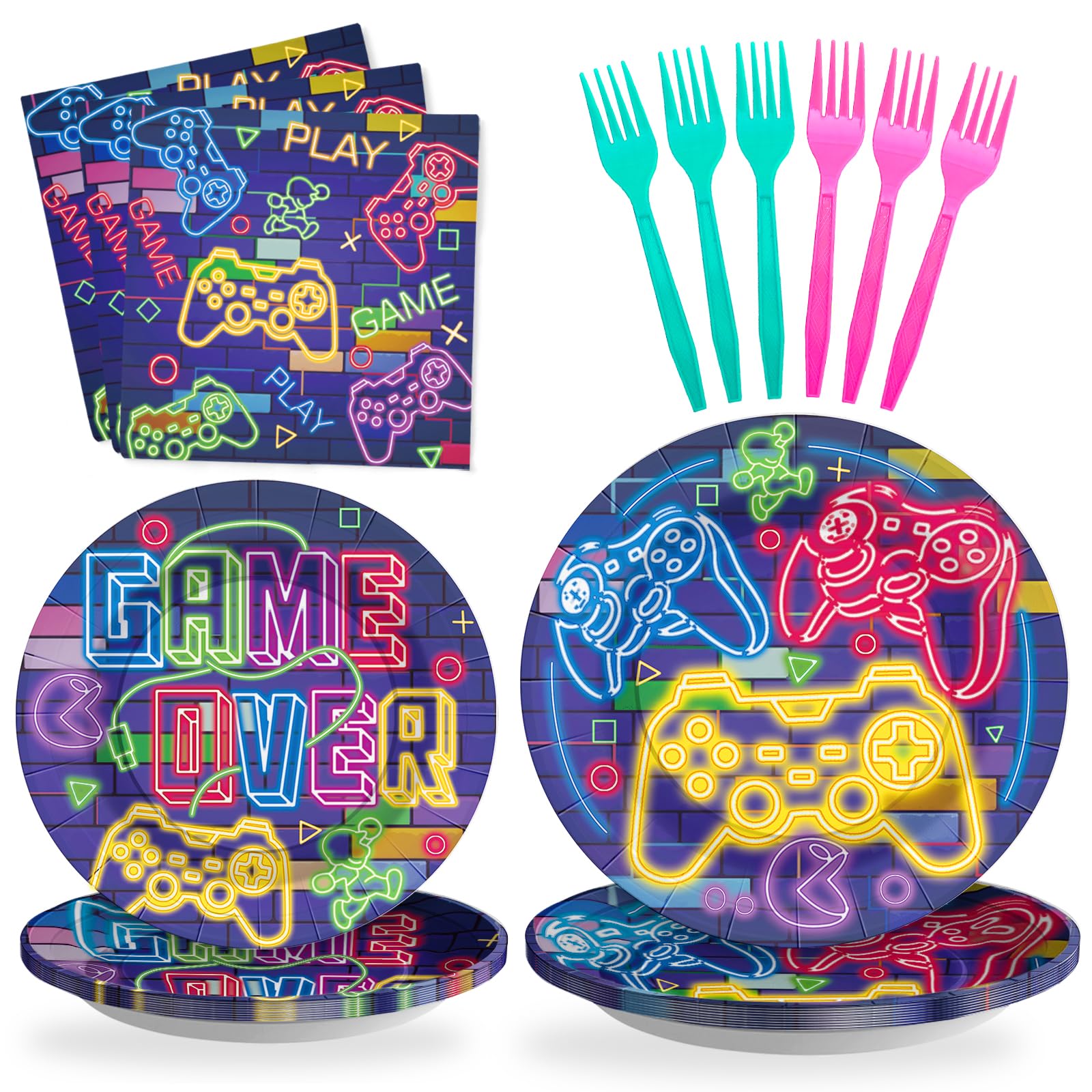 SCIONE 96PCS Video Game Plates and Napkins Party Supplies, Neon Line Gaming Party Tableware Set Gamer Birthday Party Decorations Favors for Boys Kids Game Lovers, Serves 24