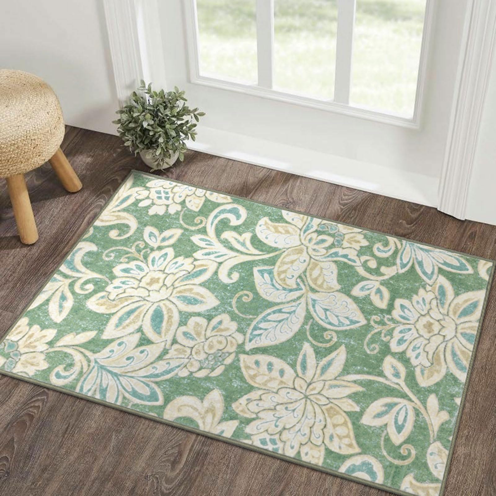 Othilic Paisley Floral Entryway Rug, 2x3 Small Washable Rugs Non-Slip Fresh Green Flower Low-Pile Front Door Mat Indoor Entrance, Entry Rug Accent