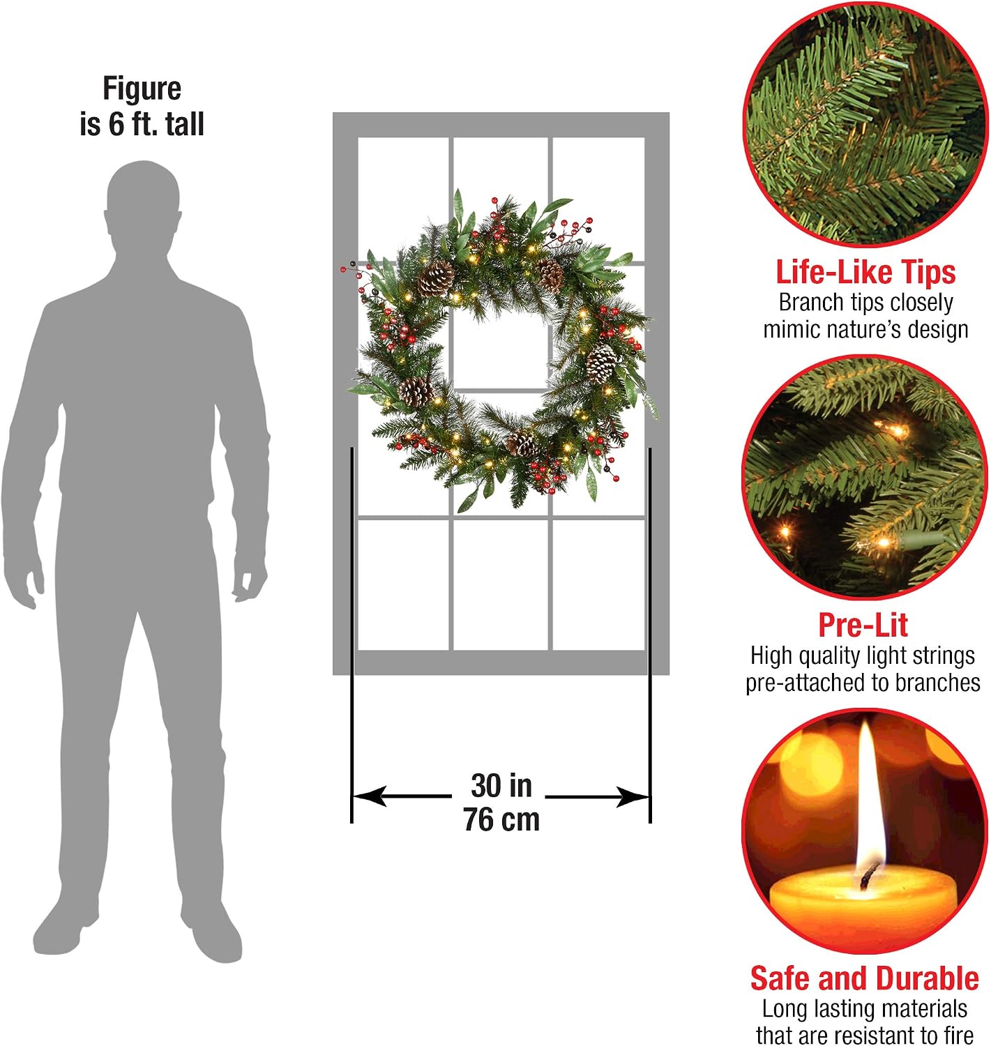 National Tree Company Pre-Lit Artificial Christmas Wreath, Green, Frosted Pine, White Lights, Decorated with Pine Cones, Berry Clusters, Frosted Branches, Christmas Collection, 30 Inches