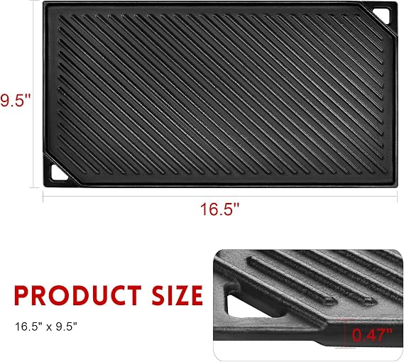 GGC Reversible Cast Iron Griddle, 16.5 x 9.5 Rectangular Griddle Pan