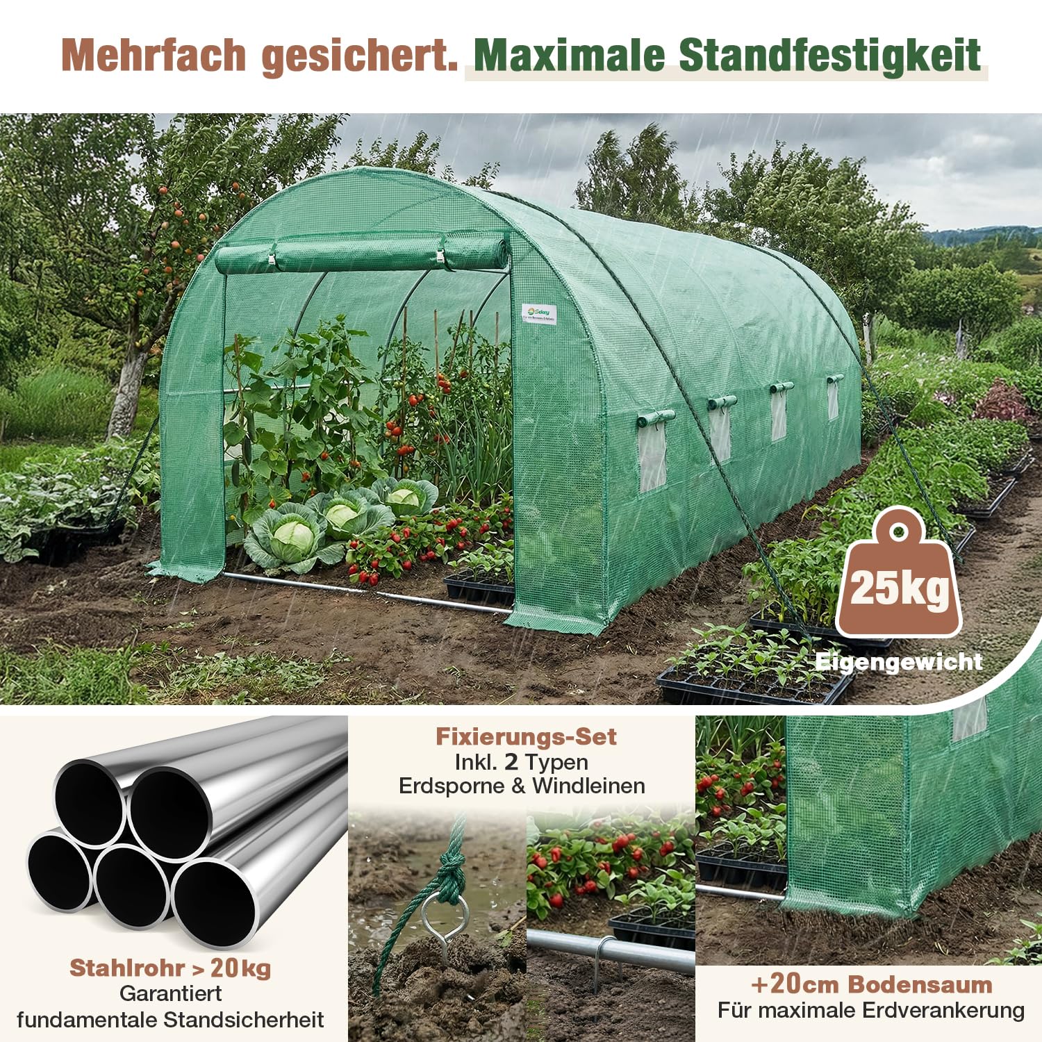 Sekey Gewächshaus Winterfest Foliengewächshaus verzinkt 4x2x2m - 8m² Folientunnel Stabil mit 2m Stehhöhe, Treibhaus, Tomatenhaus inkl. 2 Türen & 8 Fenster & Profi-Fixierungs-Set, 140g/m² PE-Folie