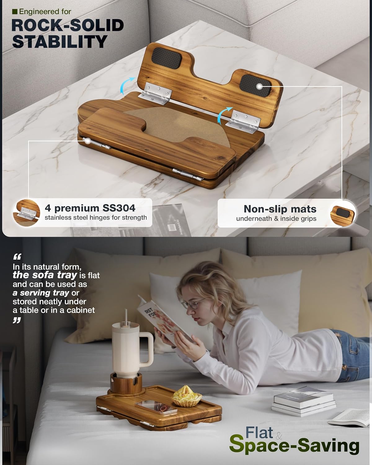 BLUEWEST Couch Cup Holder Tray & Sofa Arm Tray – Large 2-in-1 Acacia Wood Clip-On Side Table with 360° Cup Holder on Armrest, Double SS304 Hinges, Non-Slip for TV Dinners, Remote, Drinks & Snacks