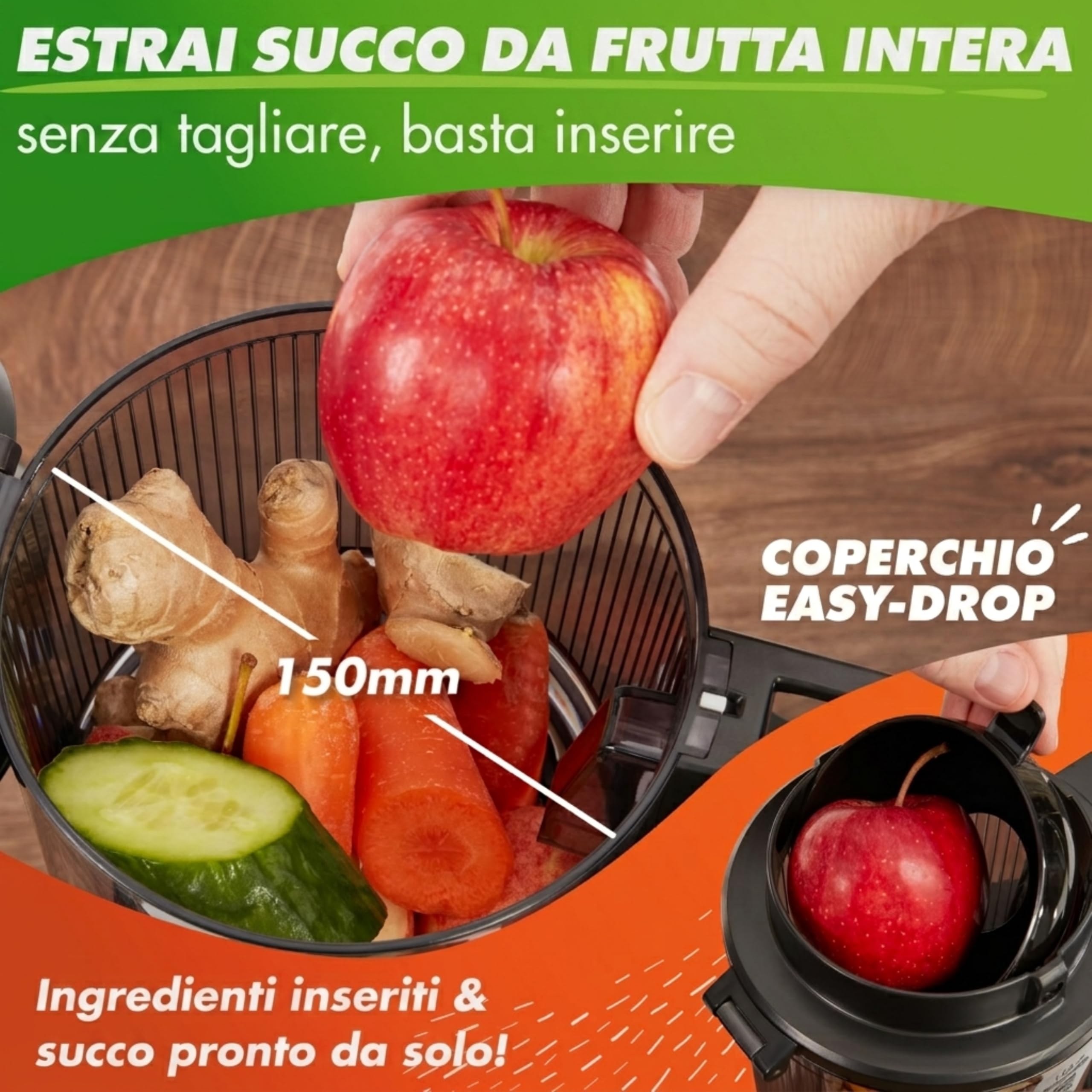 Nutrilovers Slow Juicer, NUTRI-PRESS MAX+, spremiagrumi per frutta intera, con apertura XXL da 150 mm, senza BPA, con bottiglia di succo, libro di ricette Slow Juice