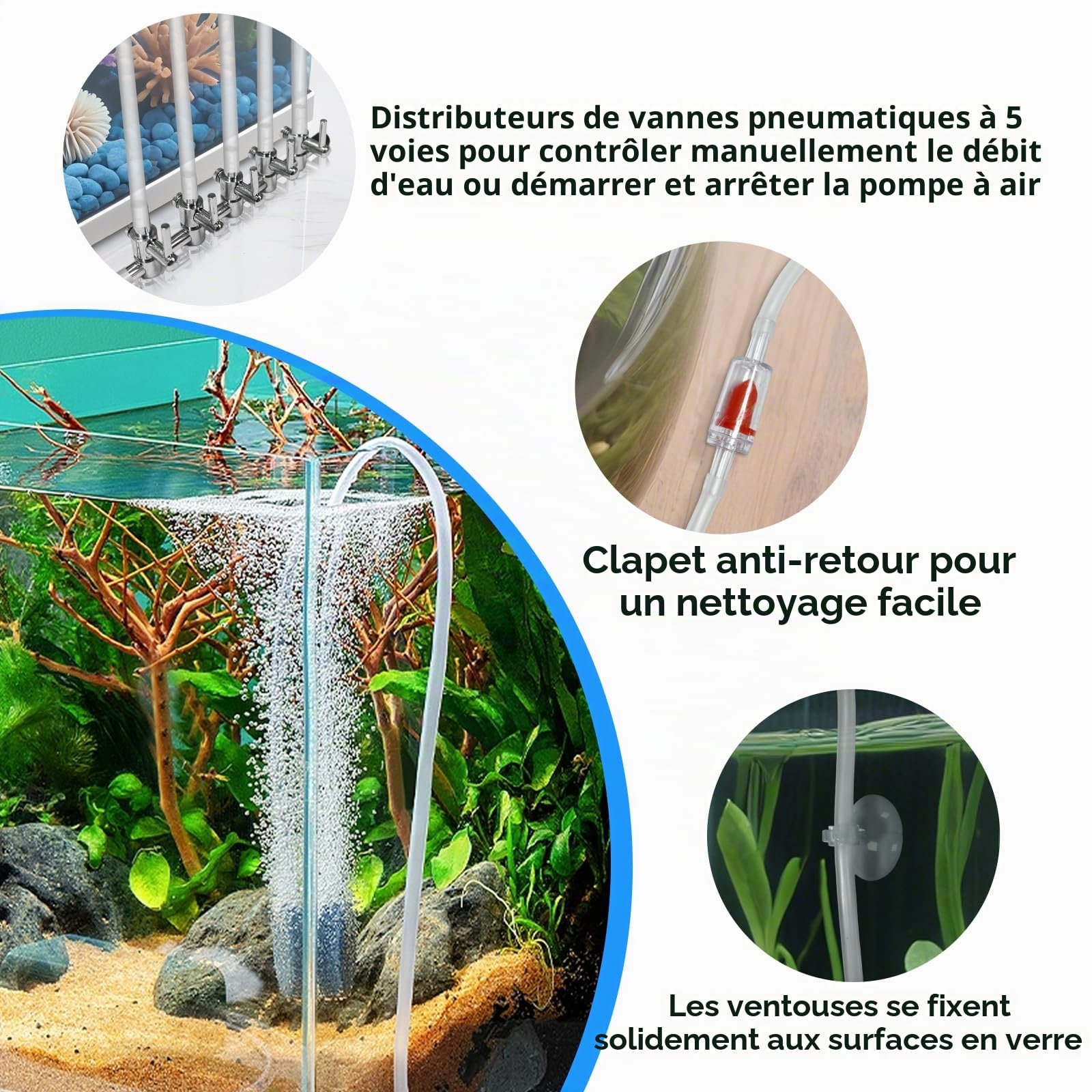 66PCS Accessoires de Pompe à Air pour Aquarium, 5 Voies Séparateur De Flux d'air, 10M Air Line Tube Tuyau, Pierre à Air, valves Anti-Retour, Ventouse, Valves de Contrôle et I/T/L Connecteurs