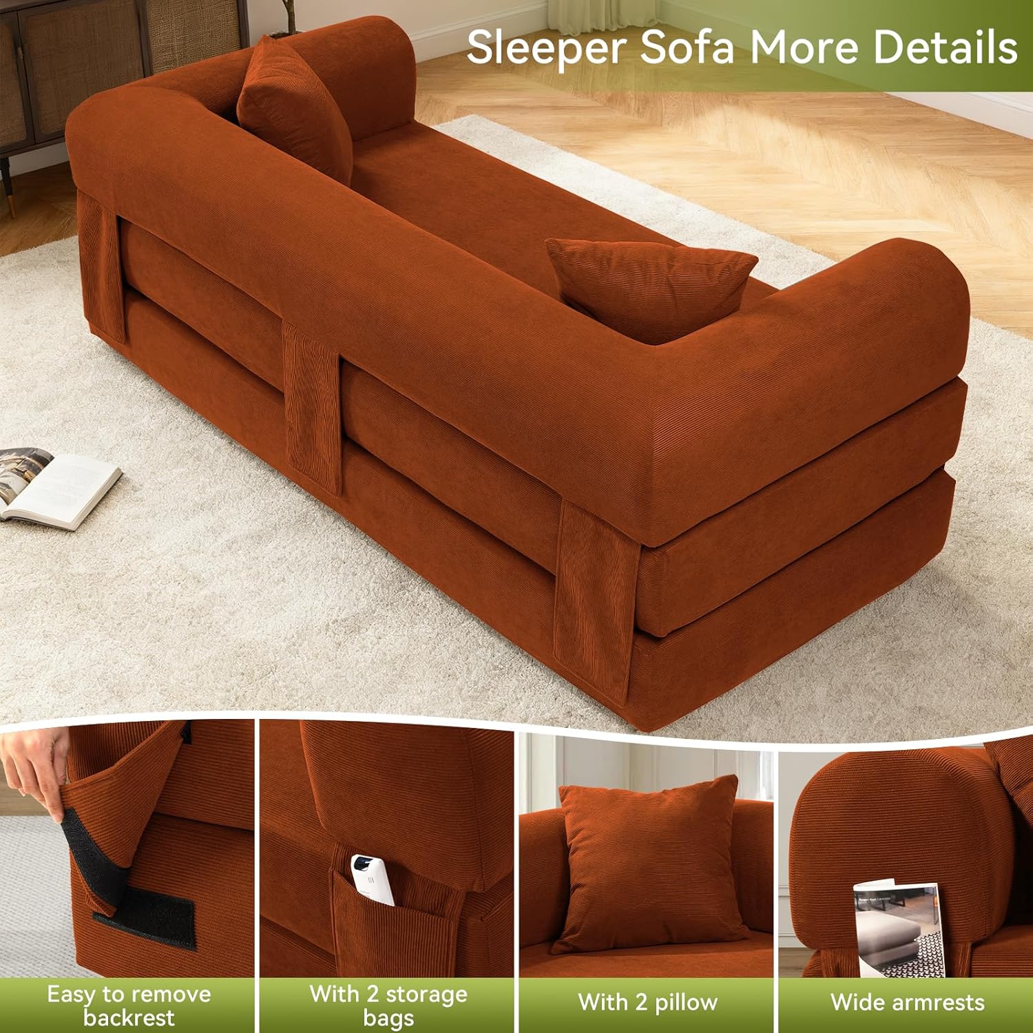 80 Inch Convertible Sofa Bed,Folding Pull Out Couch with Pillows & Storage Pocket,Corduroy Queen Sleeper Sofa in a Box,No Assembly Boneless Couch for Living Room,Orange