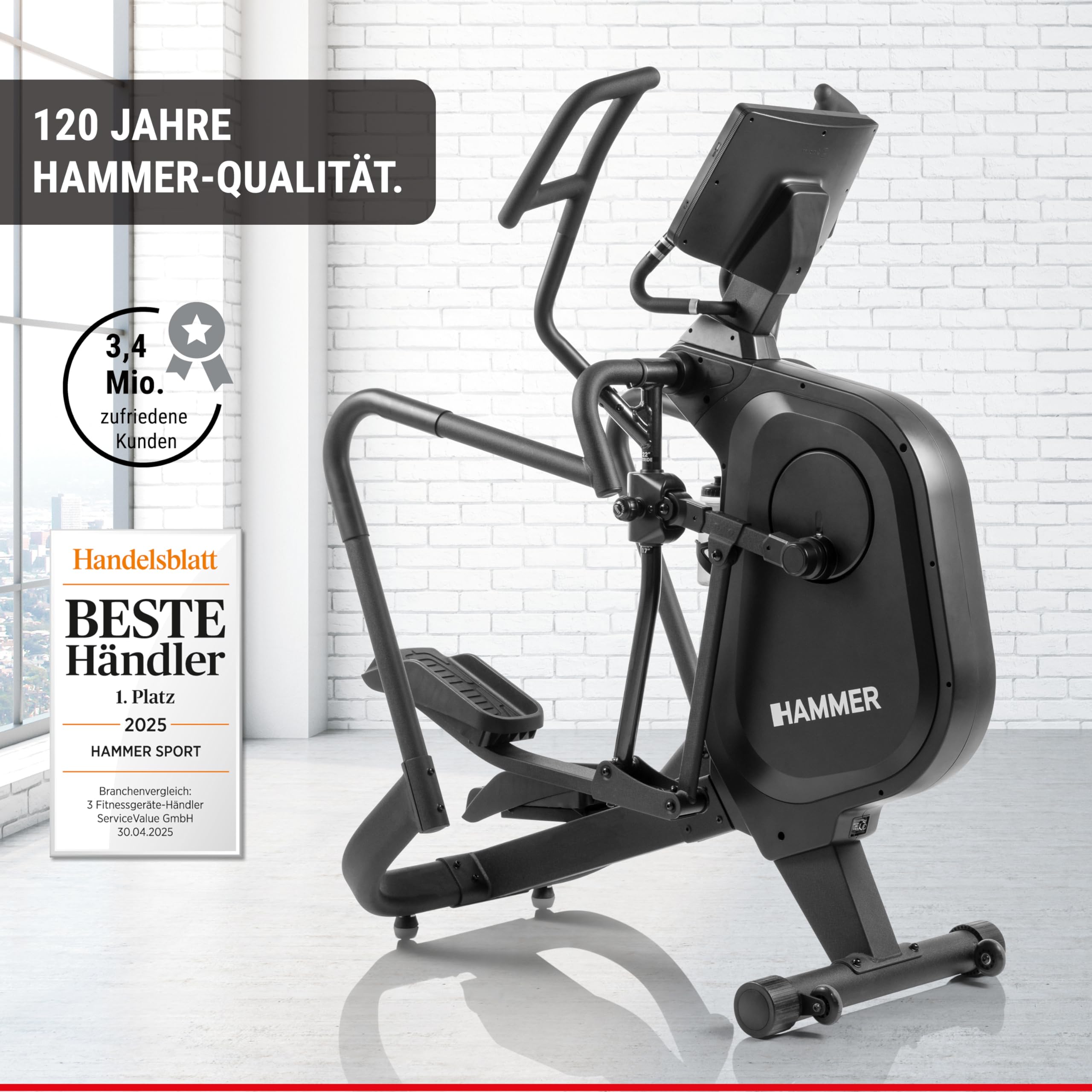 HAMMER Finnlo Ellipsentrainer Fly RX – 21 Programme, Kinomap kompatibel - Trainingsgeräte für Zuhause mit 12 kg Schwungmasse, Frei schwingende Trittflächen, 10" TFT-Touchscreen