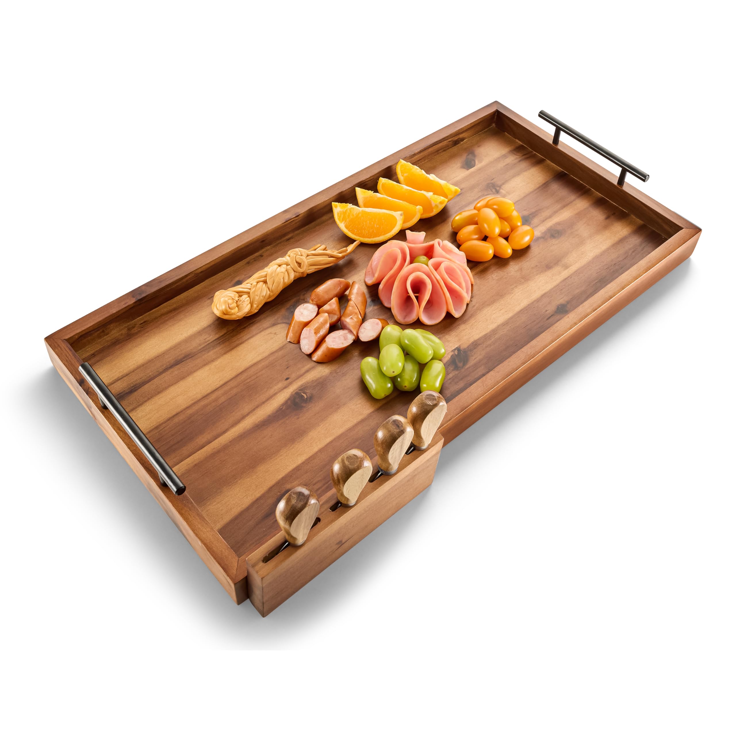 24" large charcuterie tray with handles, extra long wooden serving cheese boards - serving platter for meat, party appetizers, outdoor & fruits display (acacia wood)