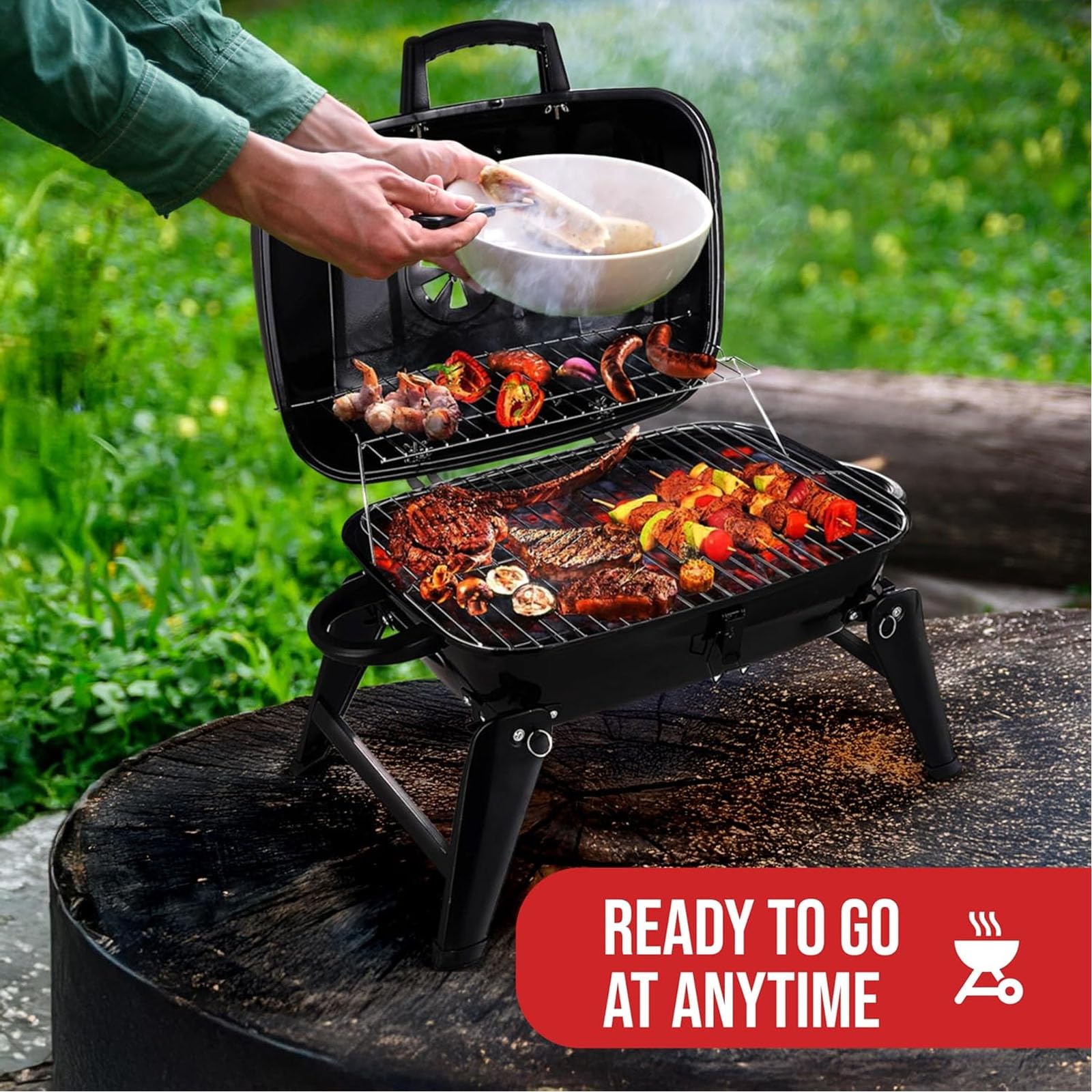 Grill a carbone portatile, mini pieghevole leggero grill barbecue con riscaldamento rack, piccolo tavolo top a carbone per il campeggio, cucina all'aperto - per picnic, giardino