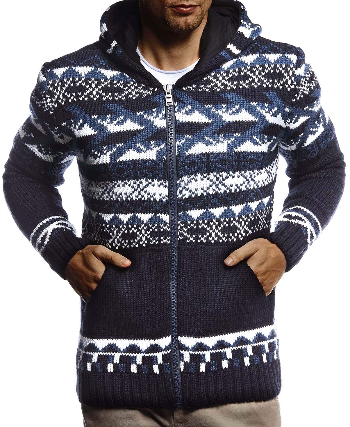 Leif Nelson Herren Strickjacke mit Kapuze Norwegerjacke Schwarze Winterjacke warme Kapuzenjacke Männer Jacke für Weihnachten Winter Norweger Muster Grobstrick Slim Fit LN20756
