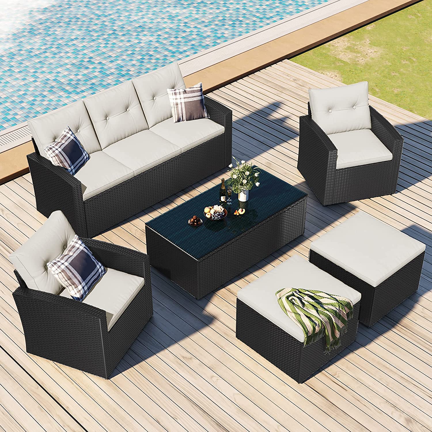 COODENKEY 6 Pieces Patio Furniture Set Outdoor Garden Sectional Sofa,All-Weather Wicker PE Rattan Couch with Coffee Table,...