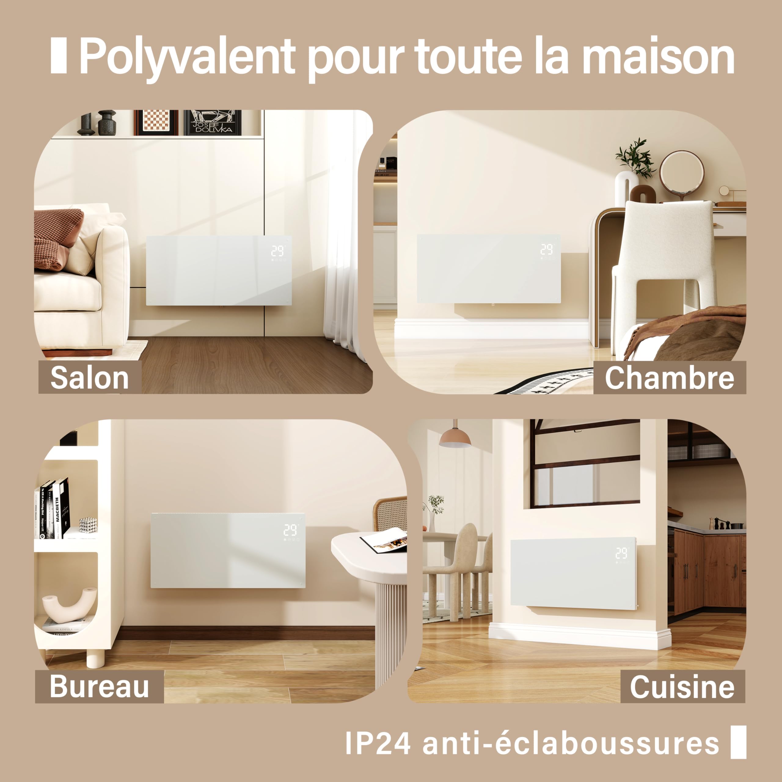 AICA Radiateur 1000W WiFi Écran tactile 2en1 Mobile/Mural Blanc | Verre trempé ultra-plat 70mm. Pilotage via app. Minuterie 24h. Montage mural ou sur pieds inclus.