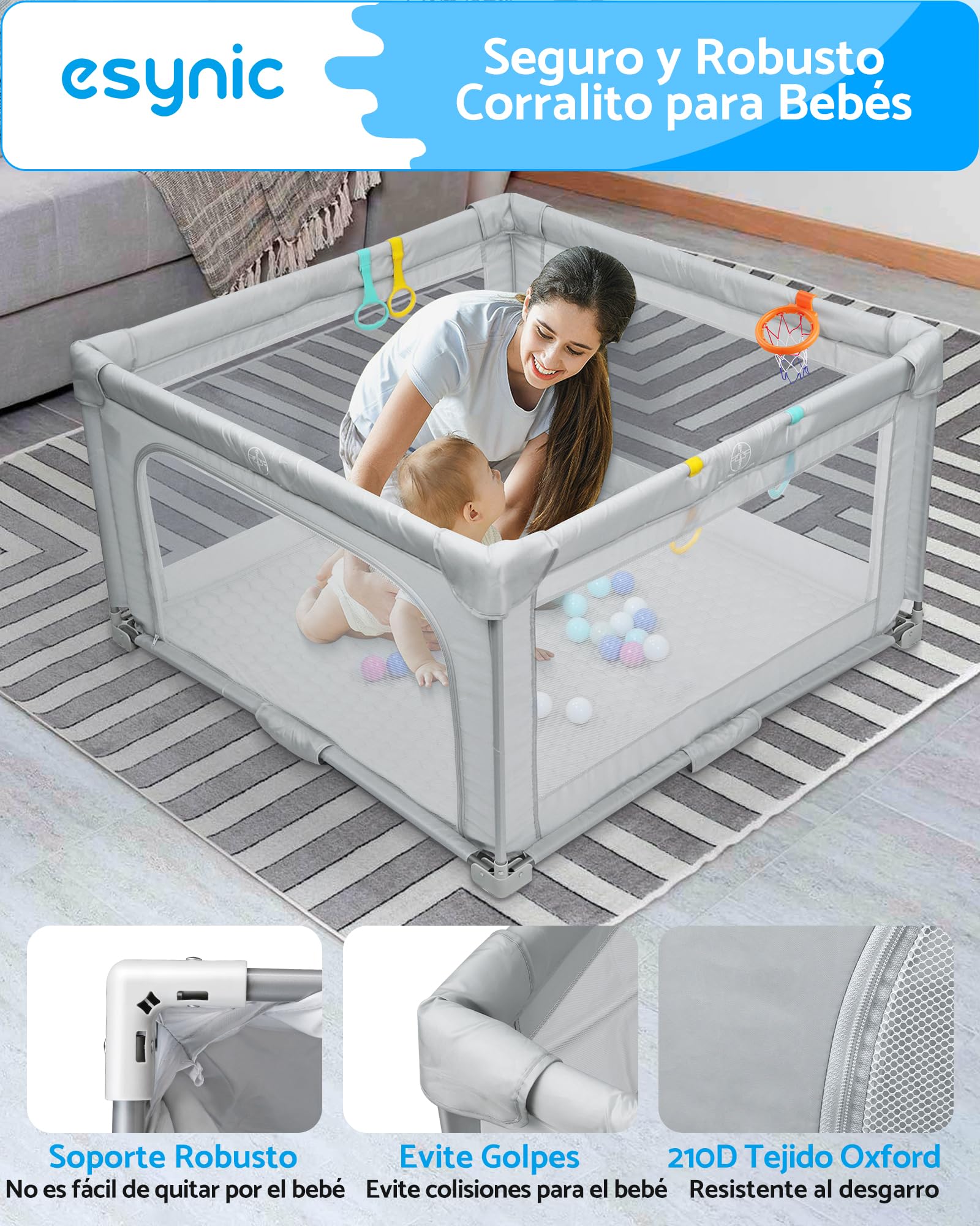 eSynic Corralito Bebé Portátil 127x127cm, Parque Infantil Plegable con Alfombrilla + 50 Bolas, Canasta Baloncesto, Malla Transpirable, 4 Agarraderas y Bolsa Transporte - Juegos Seguros para Bebés