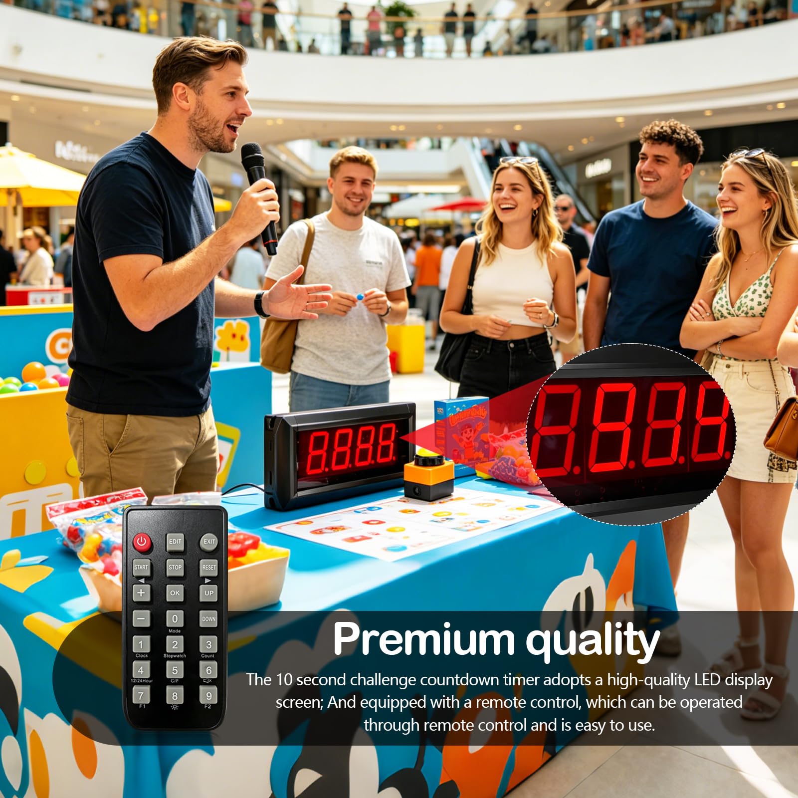 10 Sekunden Spiel Timer, LED Countdown Timer Herausforderung Spiel Maschine mit Fernbedienung Sekunden Zeitschaltuhr Buzzer mit Stoppuhr AC 100-240V für Einkaufszentrum Geschäft Supermarkt