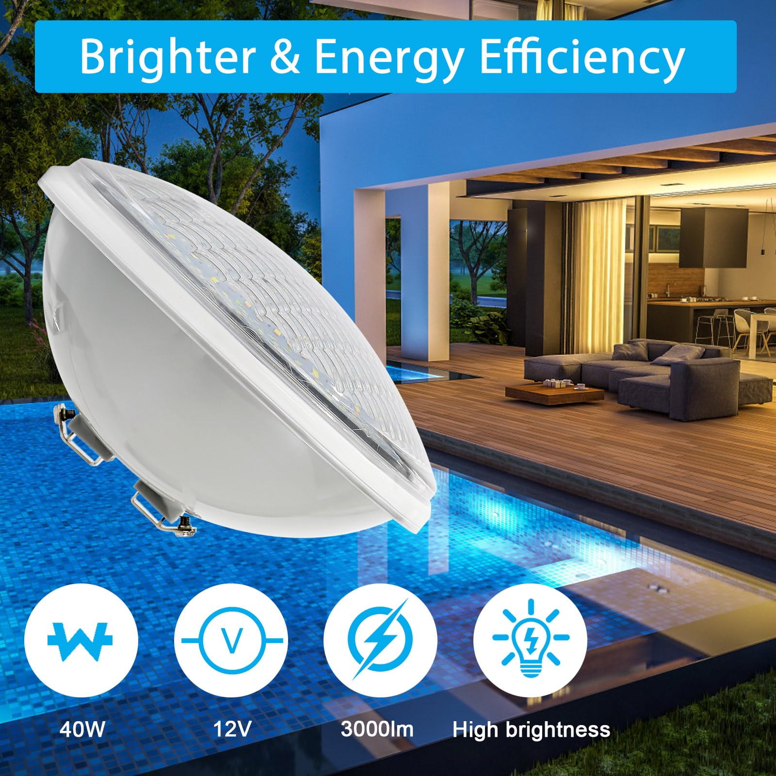 Luci per piscina a LED PAR56 Illuminazione per piscina a LED da 40 W sospesa per sostituzione subacquea Faretto alogeno da 300 W DC/AC 12 V bianco caldo 3000 K