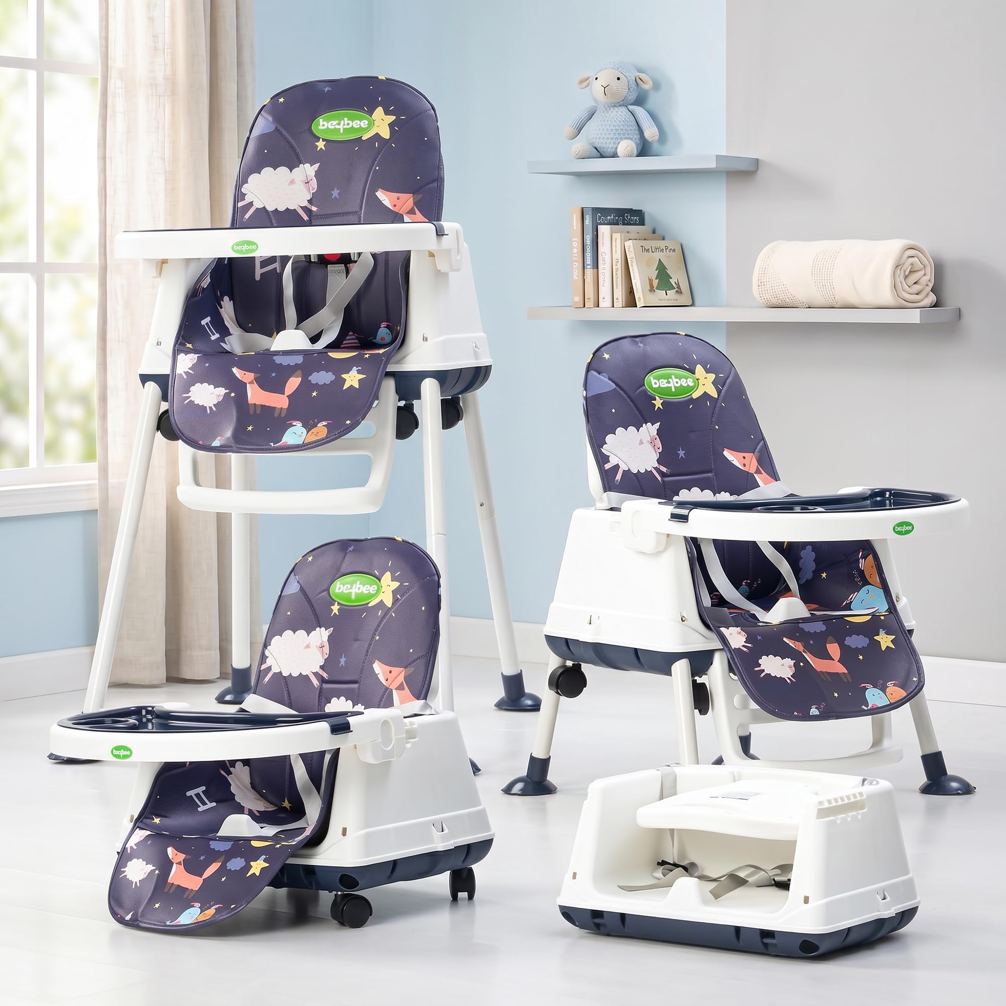 Baybee 4 in 1 Convertible High Chair for Kids | Foldable Baby Feeding Chair with Safety Harness, Adjustable Tray, Booster Seat & Recliner | Easy to Clean, Portable Dining Chair (Navy Blue)-image-12