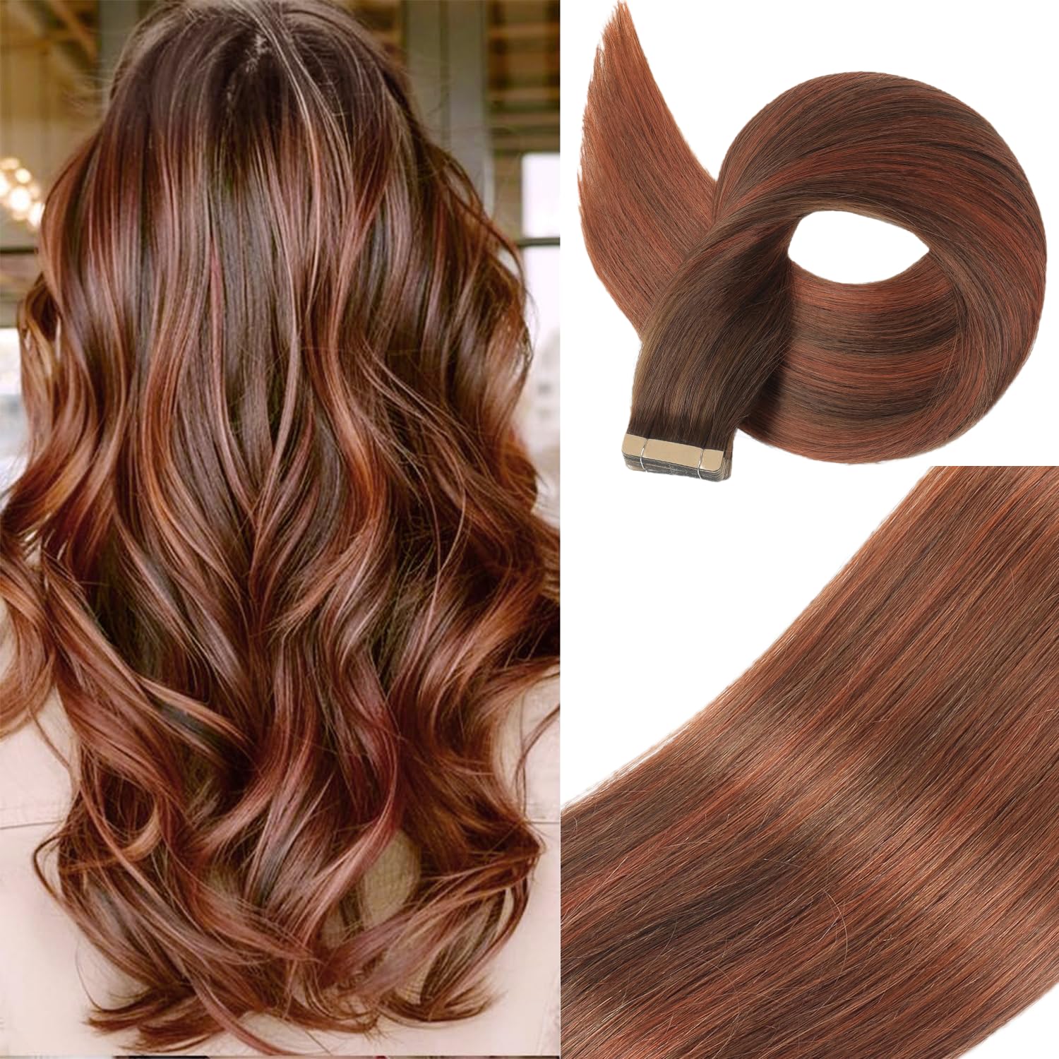 Human Hair Tape in Extensions, Chocolate Brown to Auburn Brown Extensions Real Human Hair 20 Inch 20pcs Remy Straight Tape ins Invisible Tape in Hair