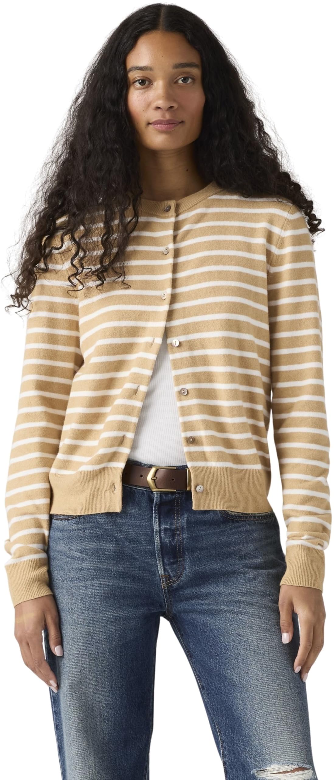 Levi's Women's Paris Stripe Curds Whey Triblend - Neutral Cardigan With Crew Neck, Soft, Beige (Paris Stripe Curds W), L