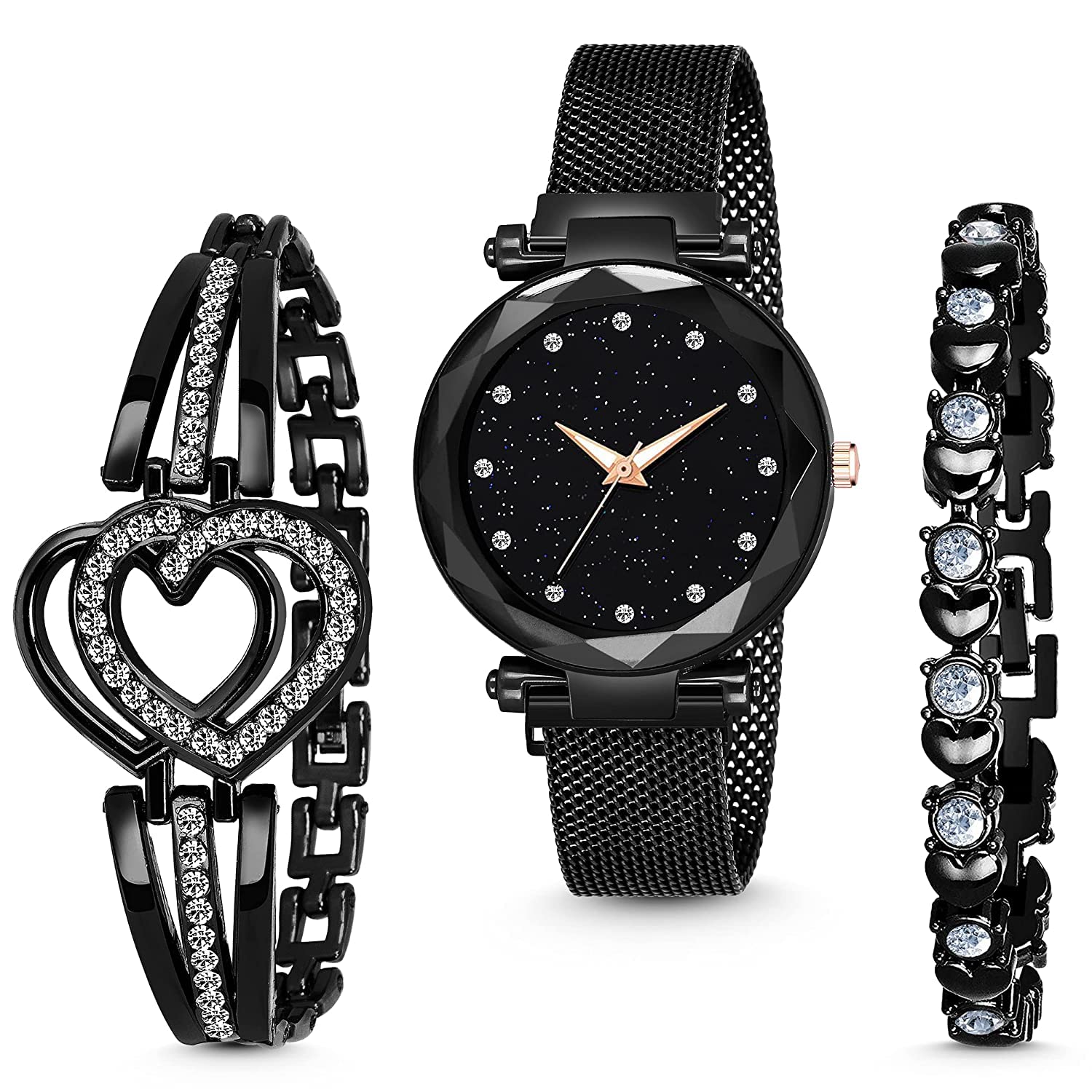 CORXIL Analogue Diamond Studded Black Dial Magnet Watch with Gift Bracelet for Women or Girls and Watch for Girl or Women (Combo of 3) (Black) (B0B6RPWBK4) Amazon Price History, Amazon Price Tracker