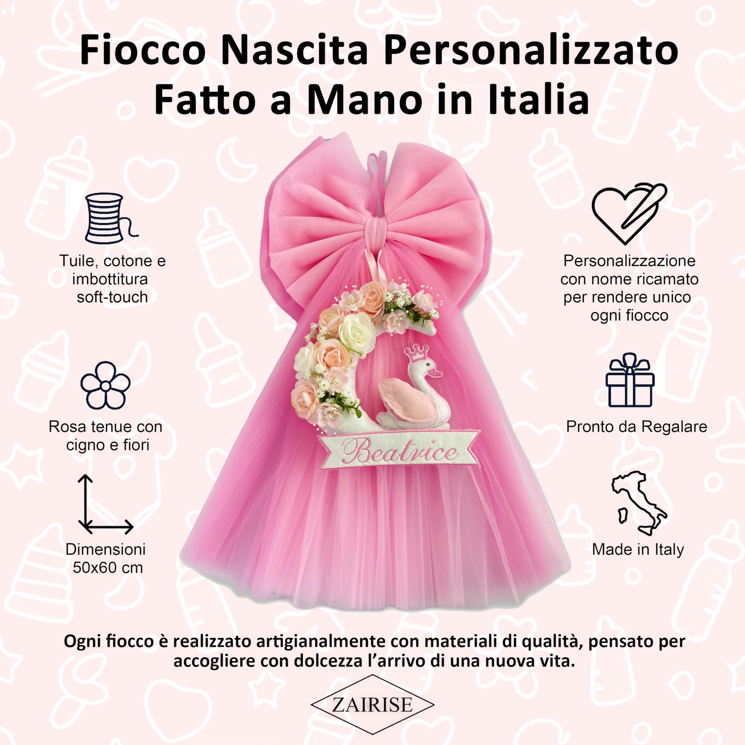 ZAIRISE - Fiocco Nascita Personalizzato con Nome Ricamato, Tulle Rosa con Cigno e Fiori in Tessuto, Fatto a Mano in Italia, pronto da Appendere, Idea Regalo Neonato Femmina, Elegante (Rosa)