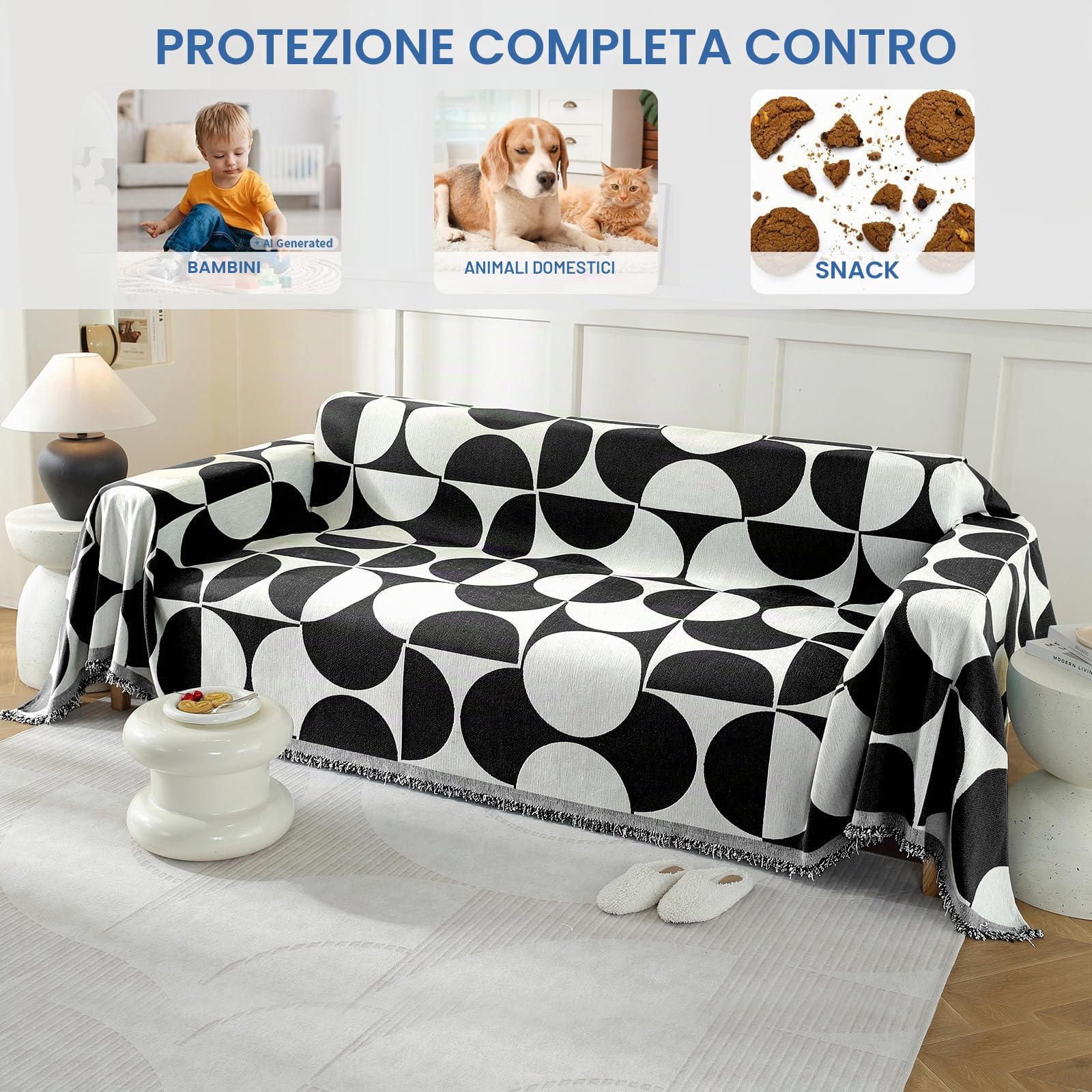 Ystyle Telo Copridivano 3 Posti Universale, 180x340 CM, Nero Bianco
