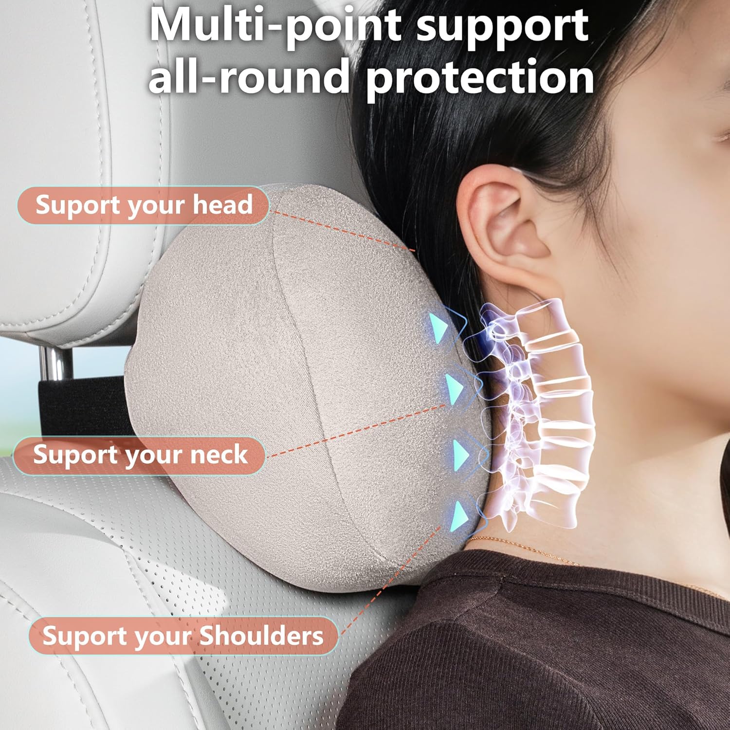 Car Neck Pillow Ergonomic Design Memory Foam Softness Car Headrest Pillow for Neck Support Cushion for Driving, Universal Fit Head Rest Travel Pillow, Fits All Vehicles, Gray, 2 Pack