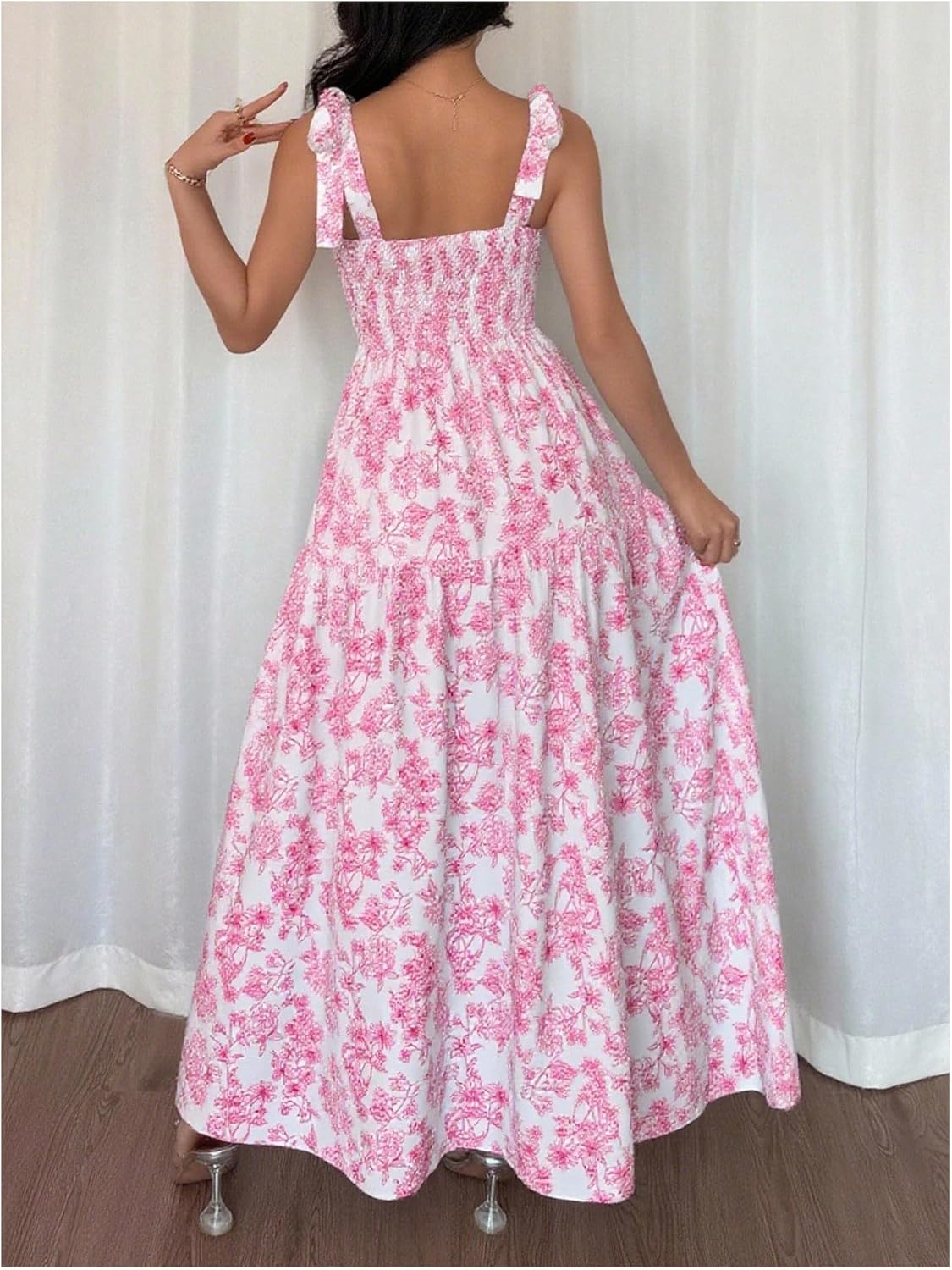 GORGLITTER Women's Floral Bow Tie Shoulder Maxi Dress Smocked Tiered Ruffle Sundress Boho Casual Beach Long Dresses - Image 2