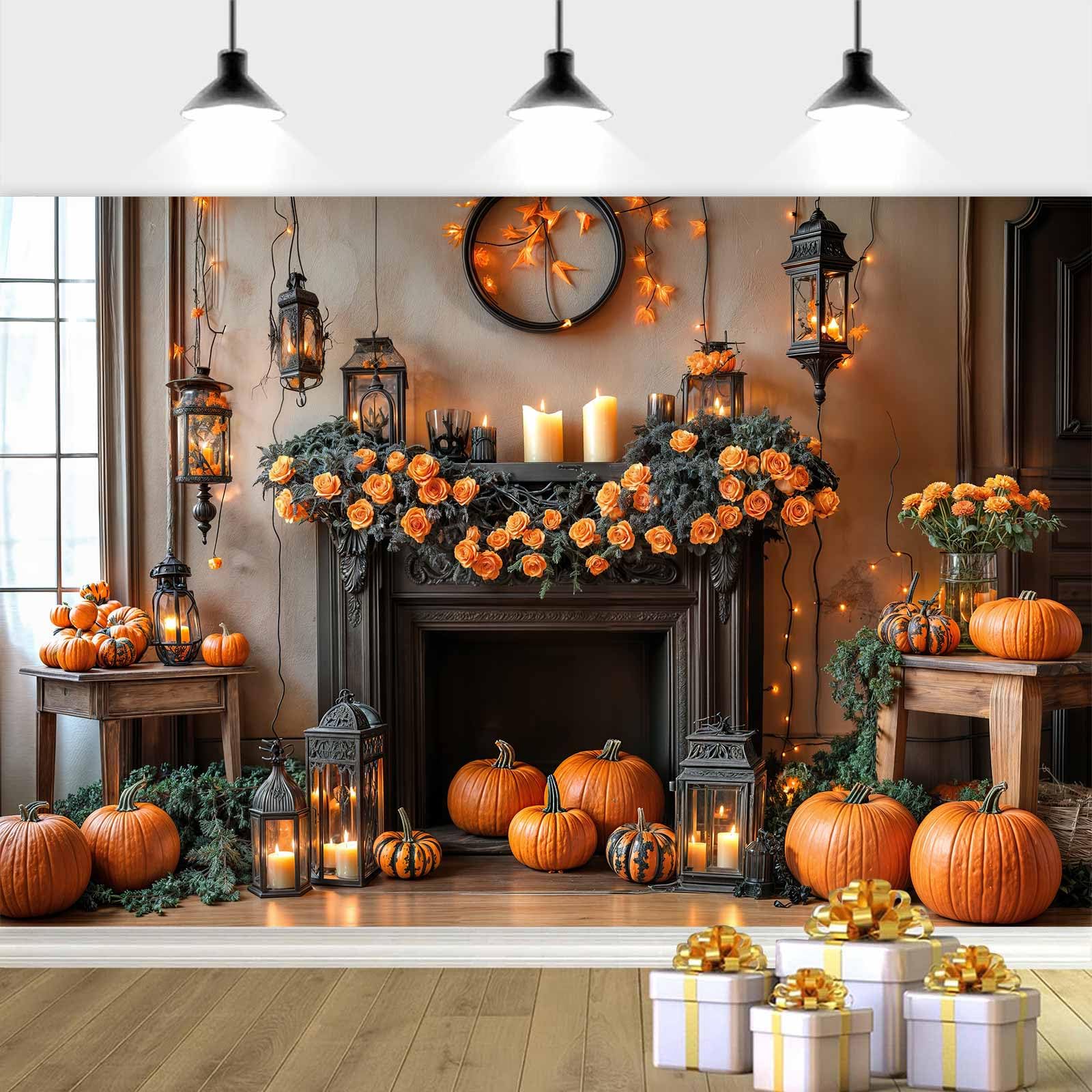 10x8ft Fall Backdrop Autumn Fireplace Backdrops for Photograph Thanksgiving Autumn Harvest Pumpkin Background Maple Leaf Orange Flower Banner Fall