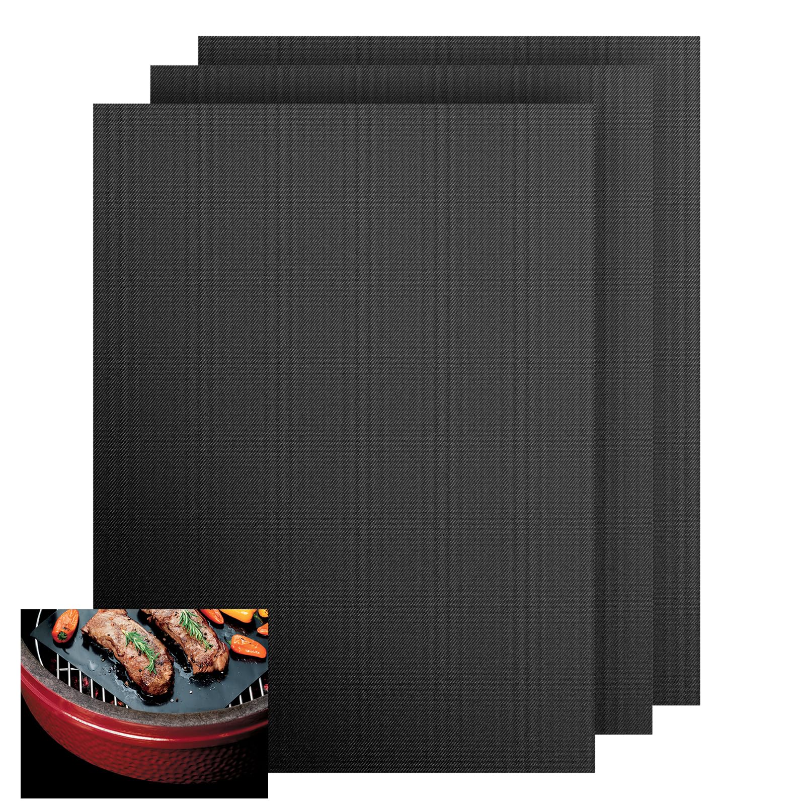 KitchenRaku 3 stück BBQ Grillmatte 32X50cm, Universal-Ofeneinlage für den Boden von Umluftöfen, strapazierfähig, wiederverwendbar und waschbar, geeignet für Gas- und Holzkohlegrill (Schwarz)