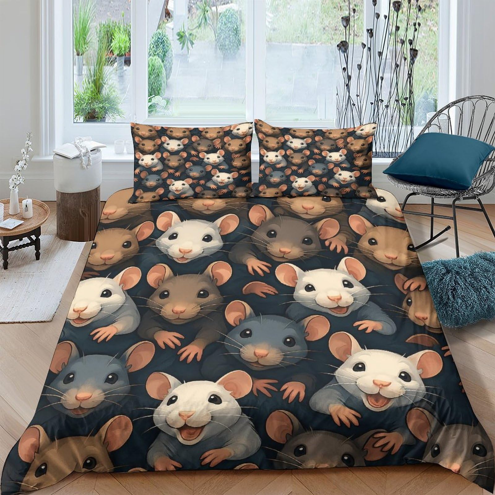 GPLZQXKJNH 3D Printed Cute Rat Animal Duvet Cover Microfiber Soft Breathable Cartoon Mouse Bedding Set with 2 Pillowcases for Bedroom Decor Single（135x200cm）