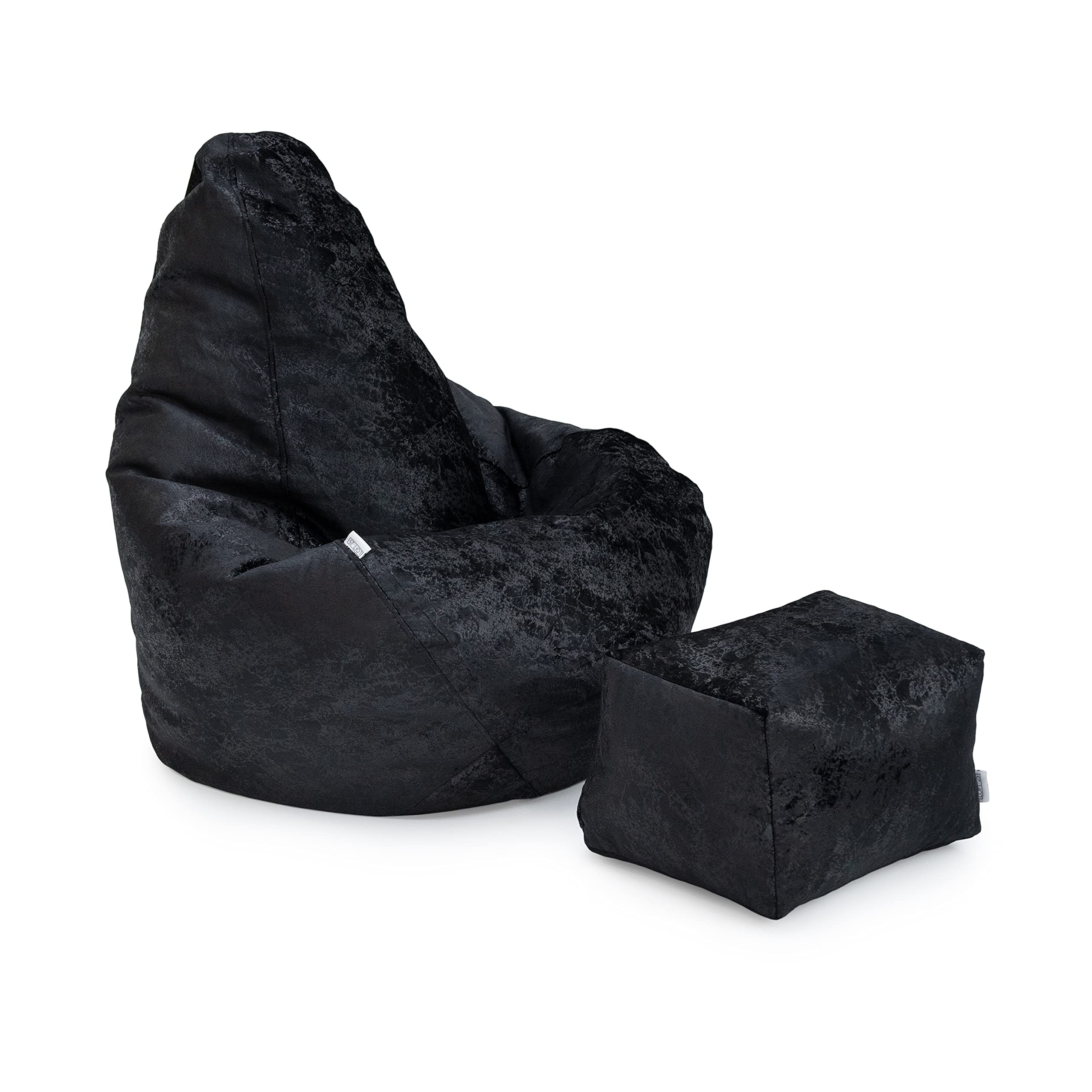 Loft 25 Bean Bag Chair and Footstool Bundle | Indoor Living Room Pouffe | Water Resistant Ultra Soft Velvet Fabric | Ergonomically Crushed Marble Design (Ebony)