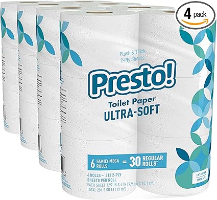 Amazon Brand - Presto! 2-Ply Ultra-Soft Toilet Paper, 24 Family Mega Rolls = 120 regular rolls, 6 Count (Pack of 4), Unscented